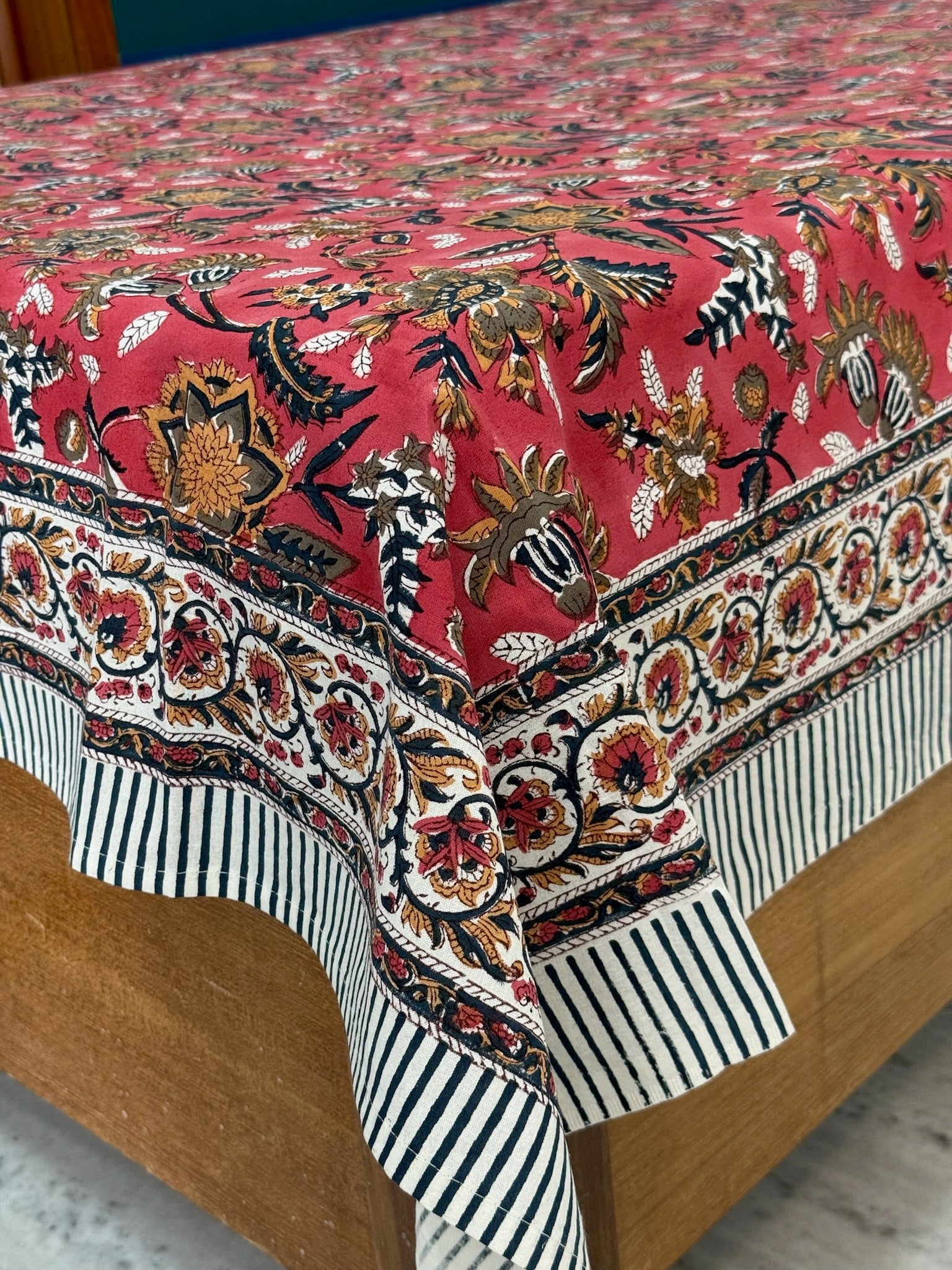 Hand Block Printed Red Floral Cotton Bedsheet with White & Black Border