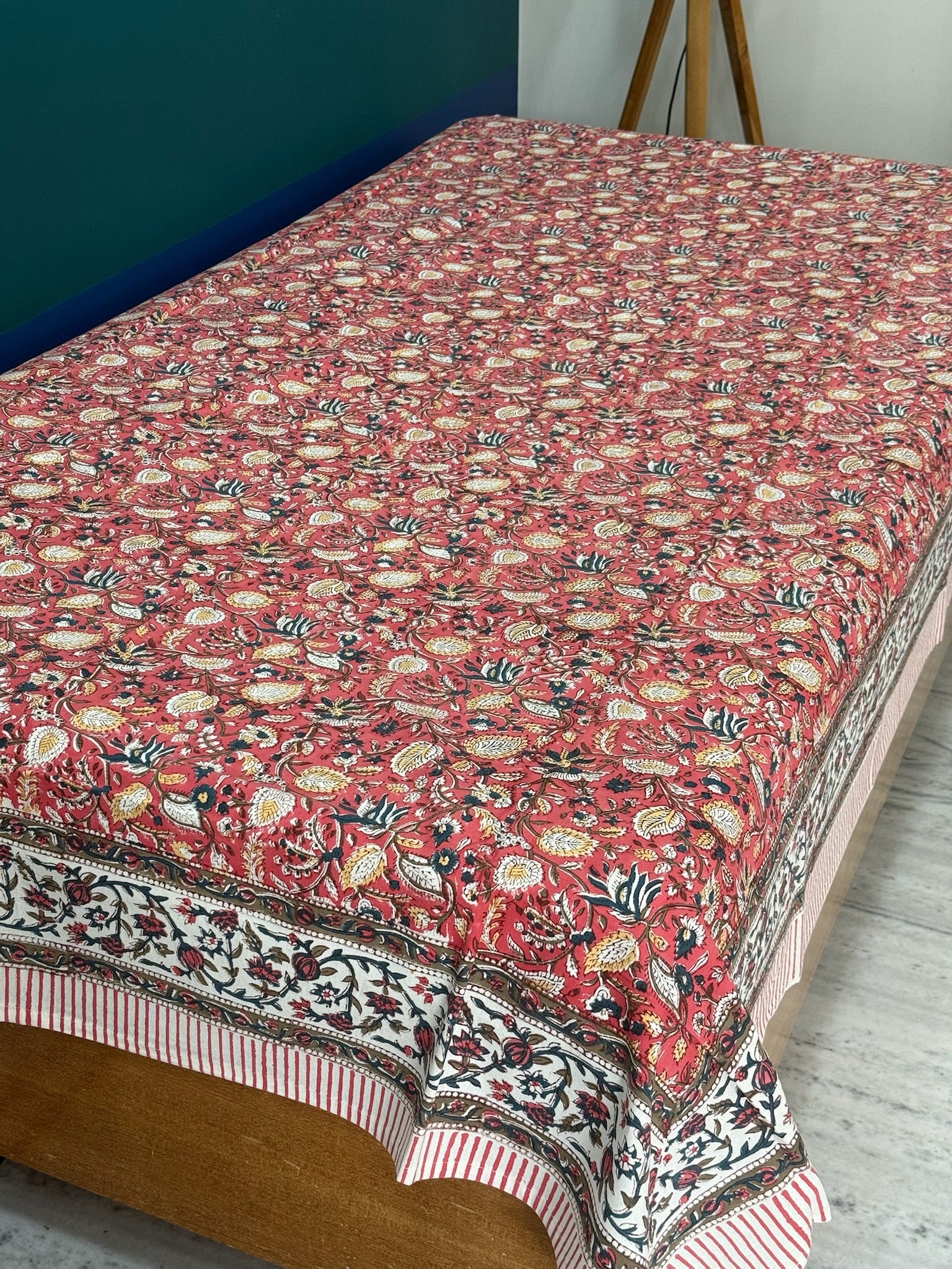 Hand Block Printed Red Floral Cotton Bedsheet with White & Black Border