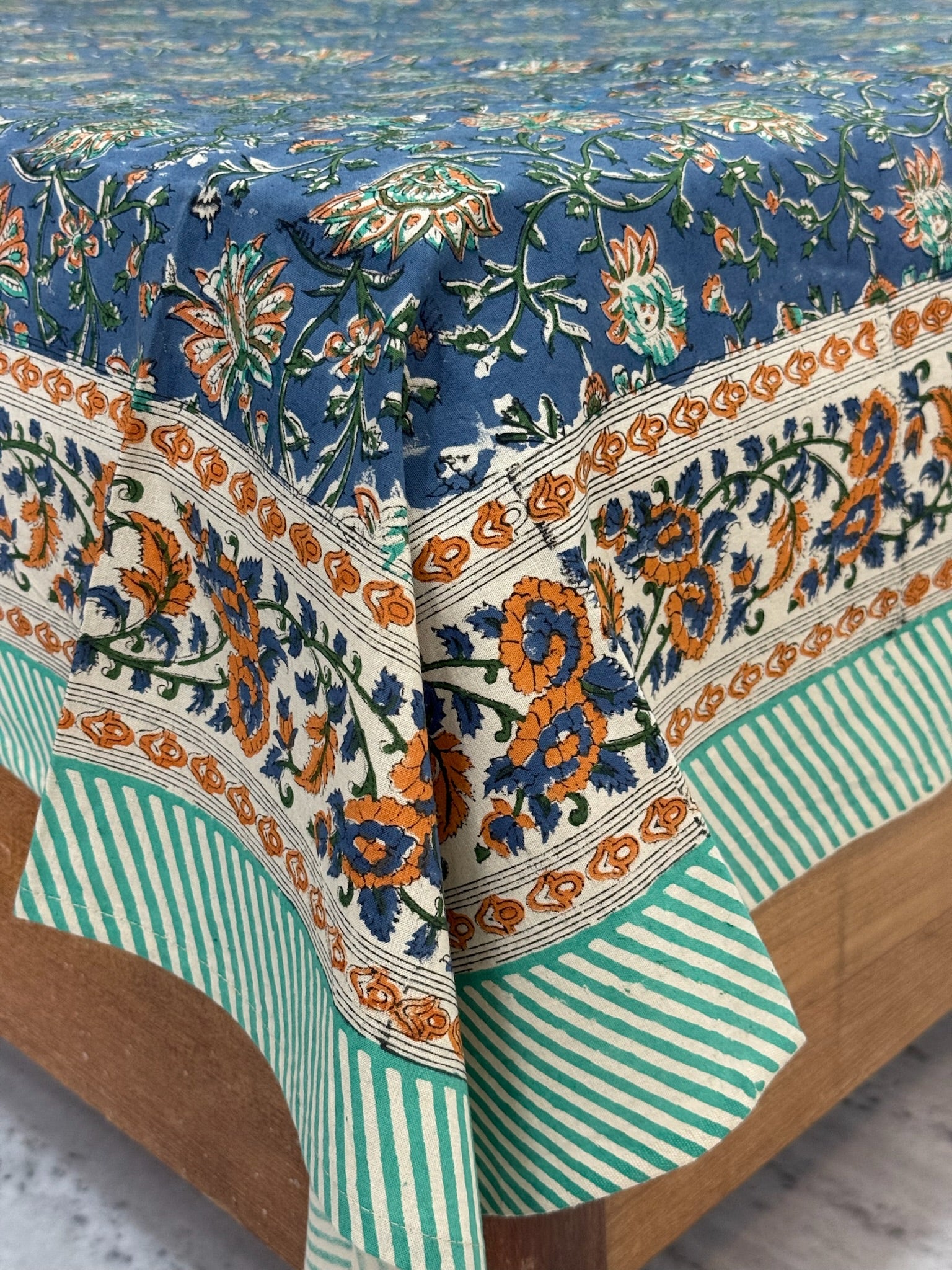 Blue Floral Cotton Bedsheet with Green & Orange Border