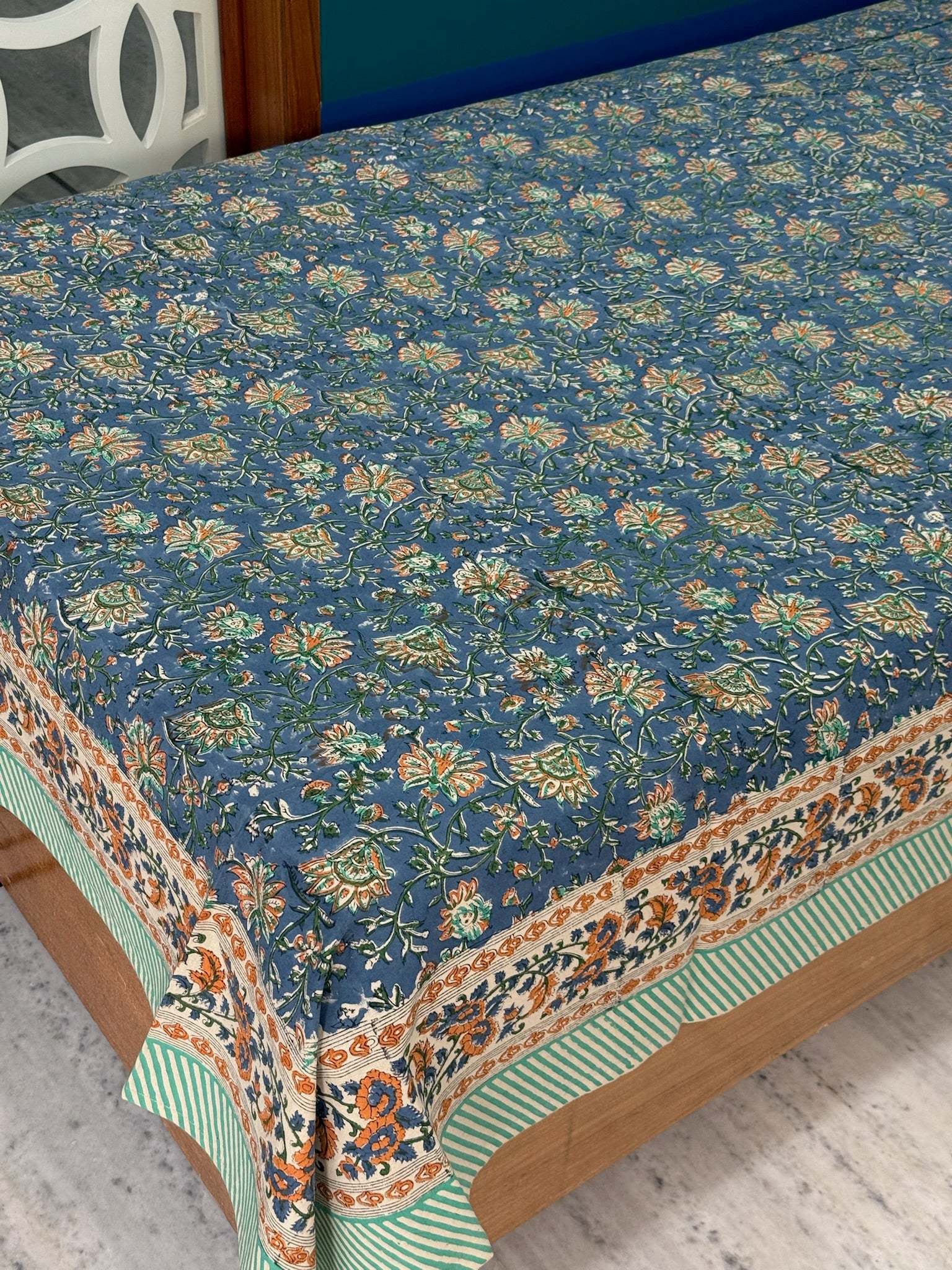 Blue Floral Cotton Bedsheet with Green & Orange Border