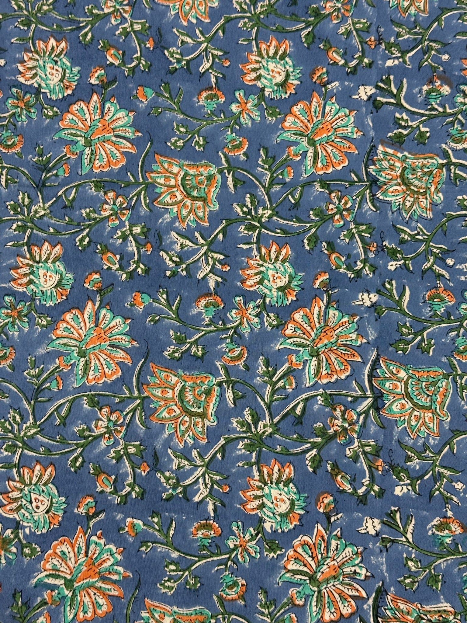 Blue Floral Cotton Bedsheet with Green & Orange Border