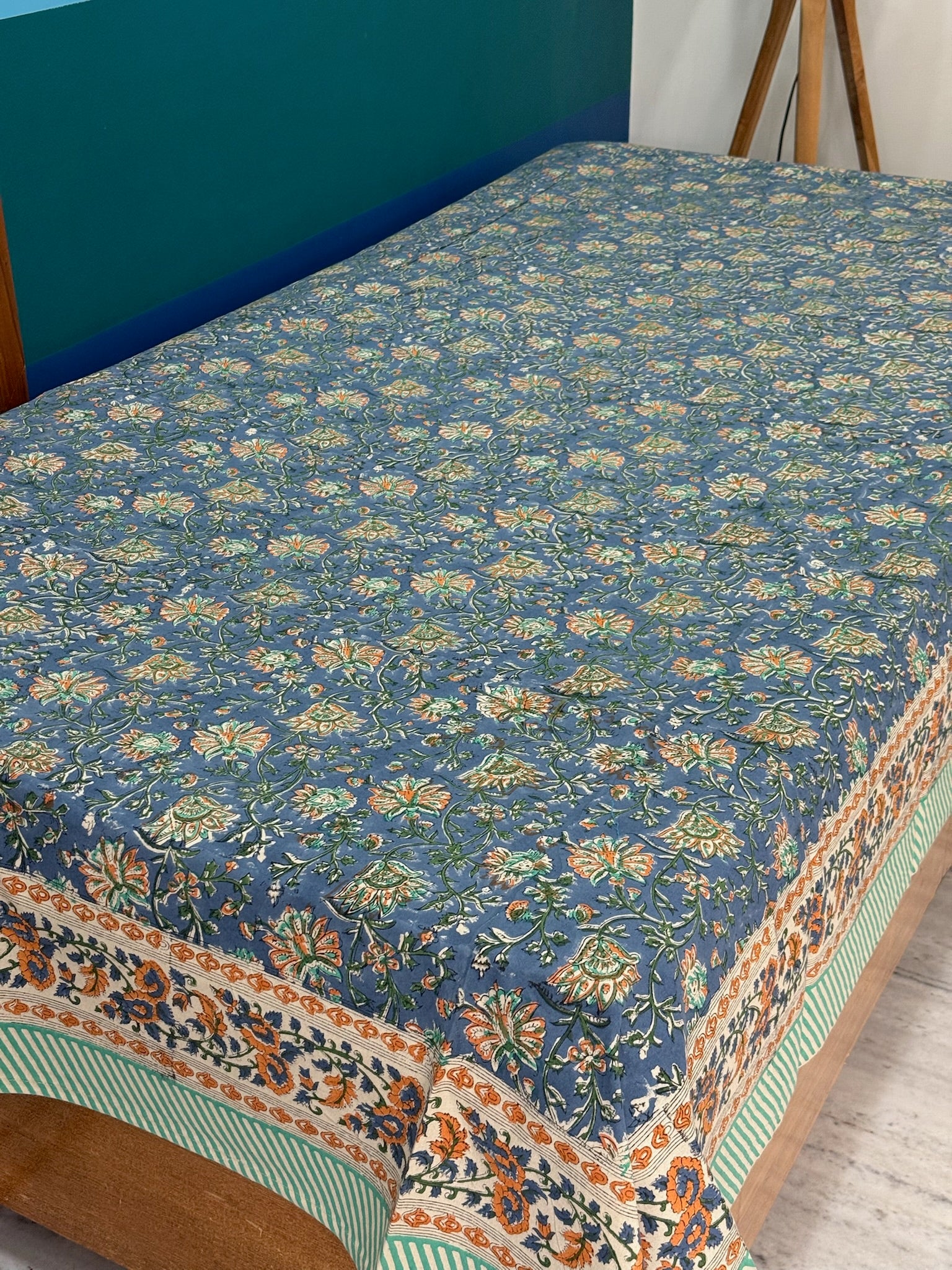 Blue Floral Cotton Bedsheet with Green & Orange Border