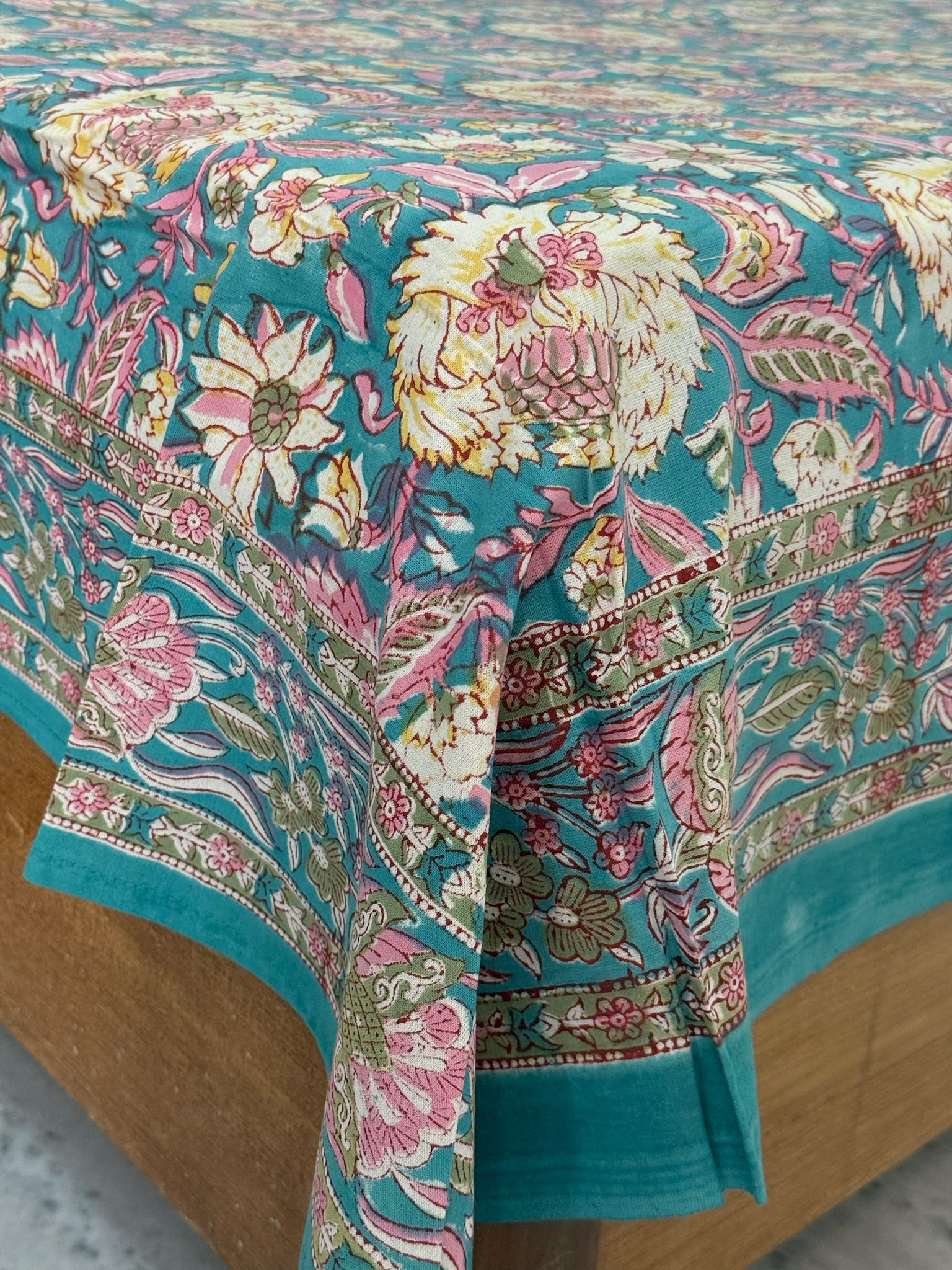 Teal Floral Cotton Bedsheet with Pink & Yellow Print