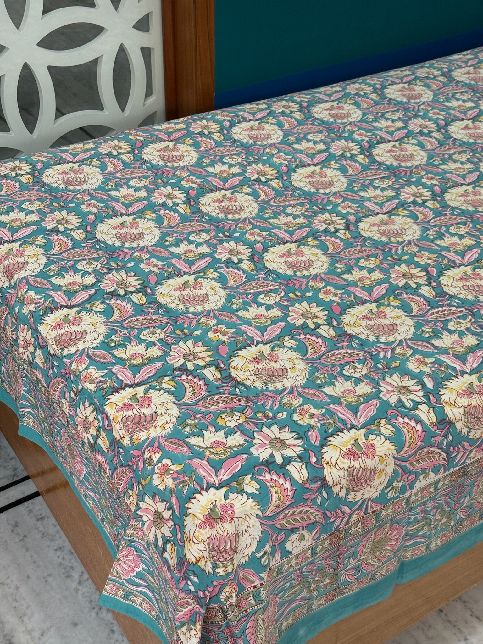 Teal Floral Cotton Bedsheet with Pink & Yellow Print