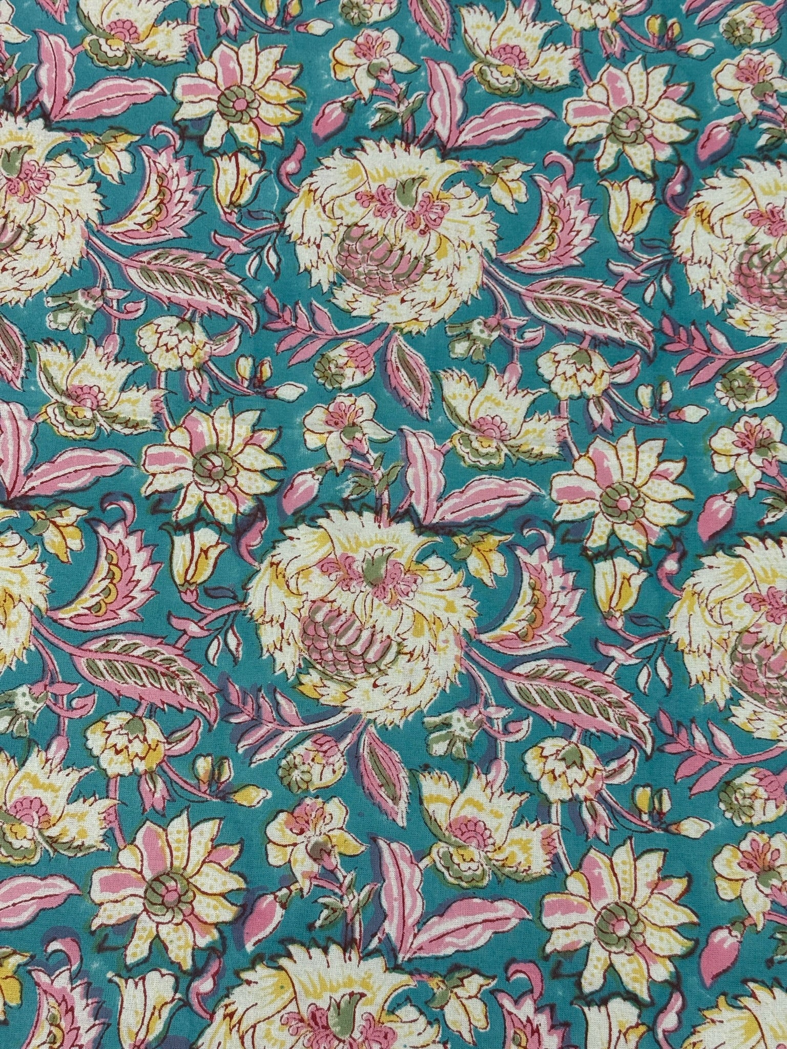 Teal Floral Cotton Bedsheet with Pink & Yellow Print