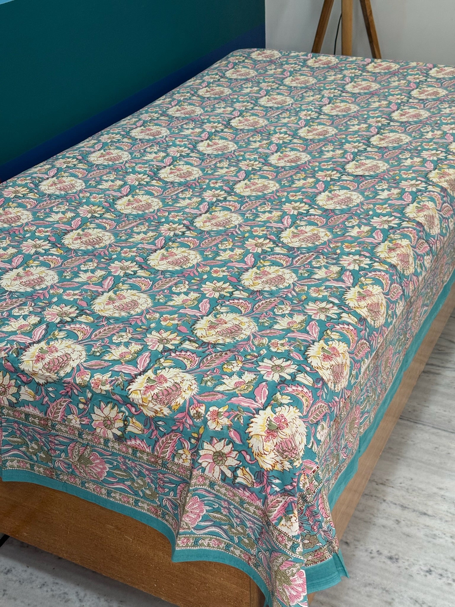 Teal Floral Cotton Bedsheet with Pink & Yellow Print