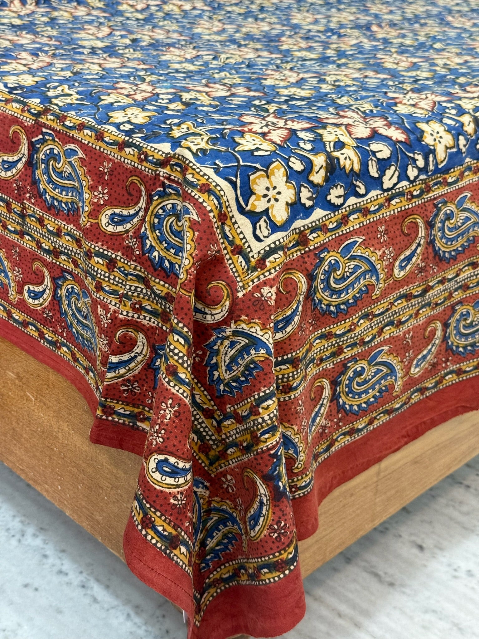 Blue Floral Cotton Bedsheet with Red Paisley Border