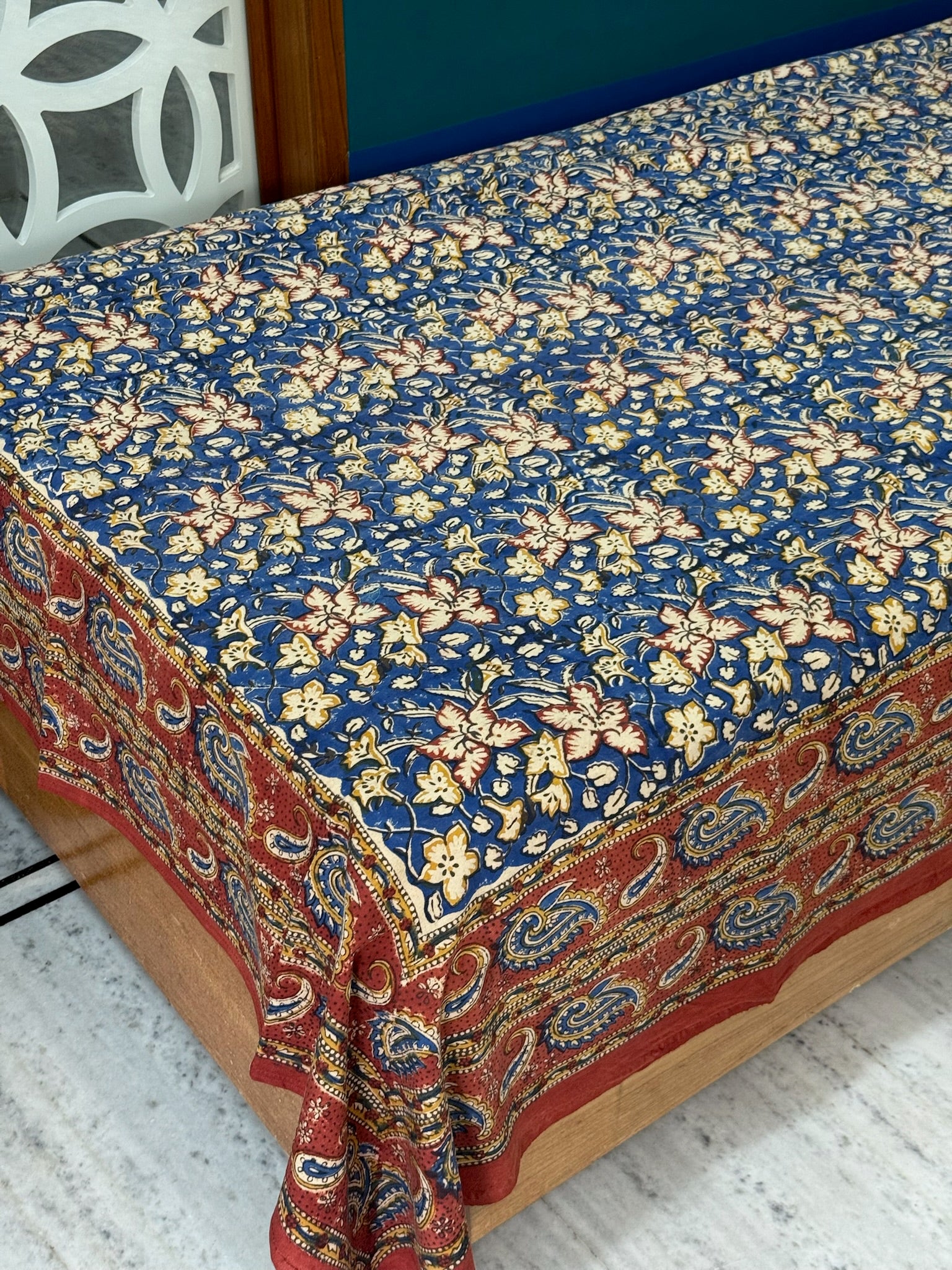 Blue Floral Cotton Bedsheet with Red Paisley Border