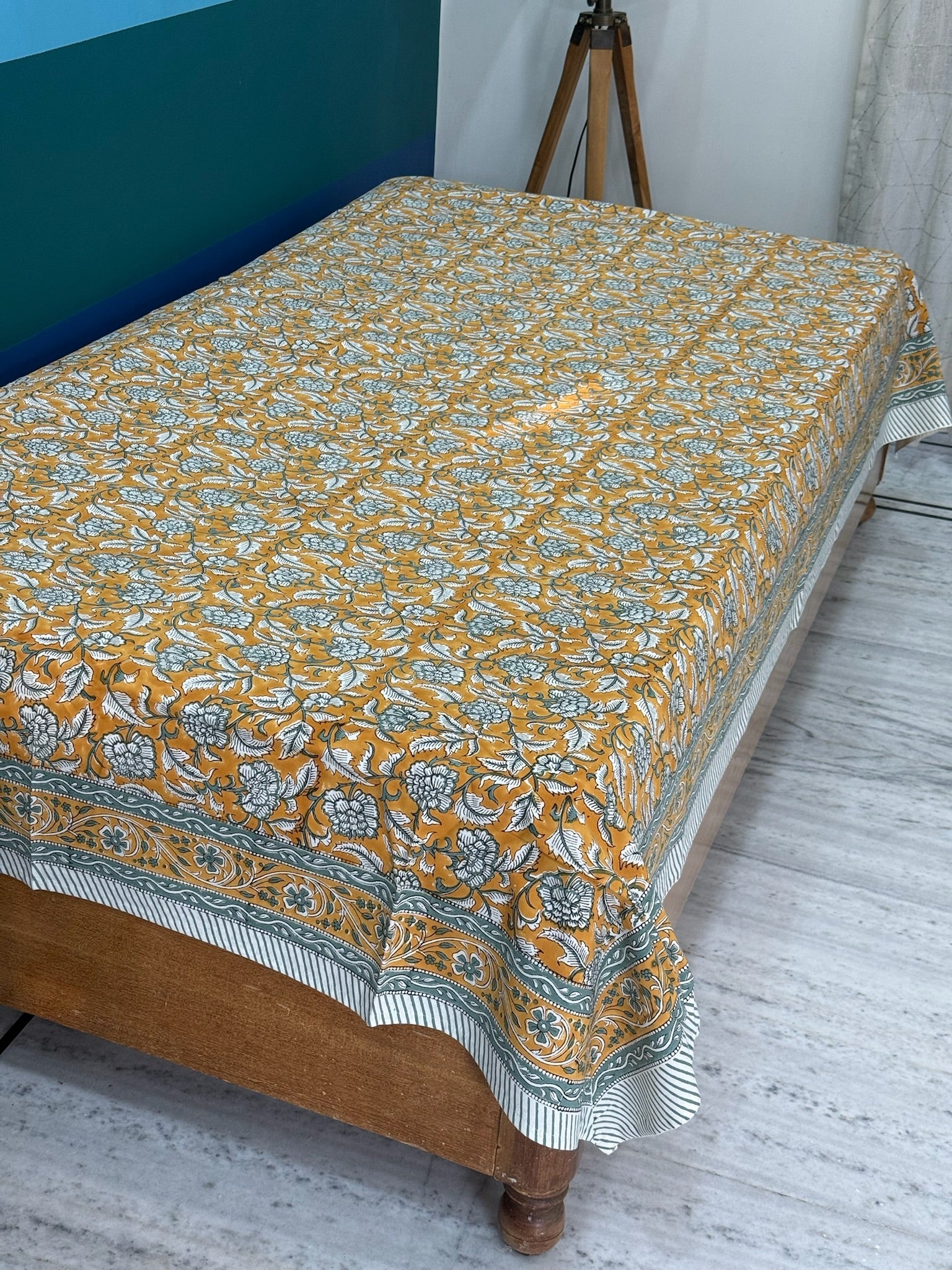 Mustard Floral Block Print Cotton Bedsheet