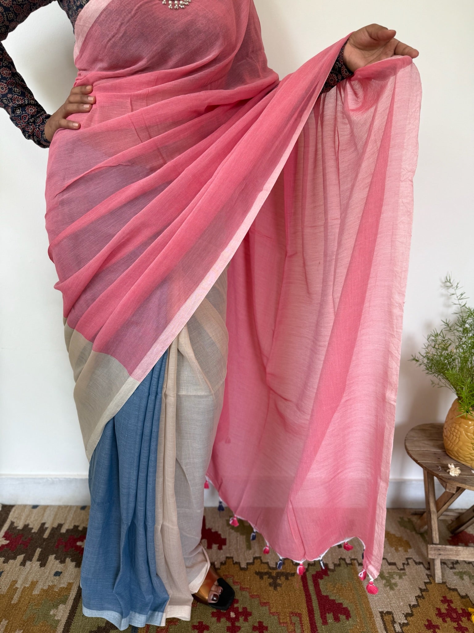 Tricolor Pure Mul Cotton Saree