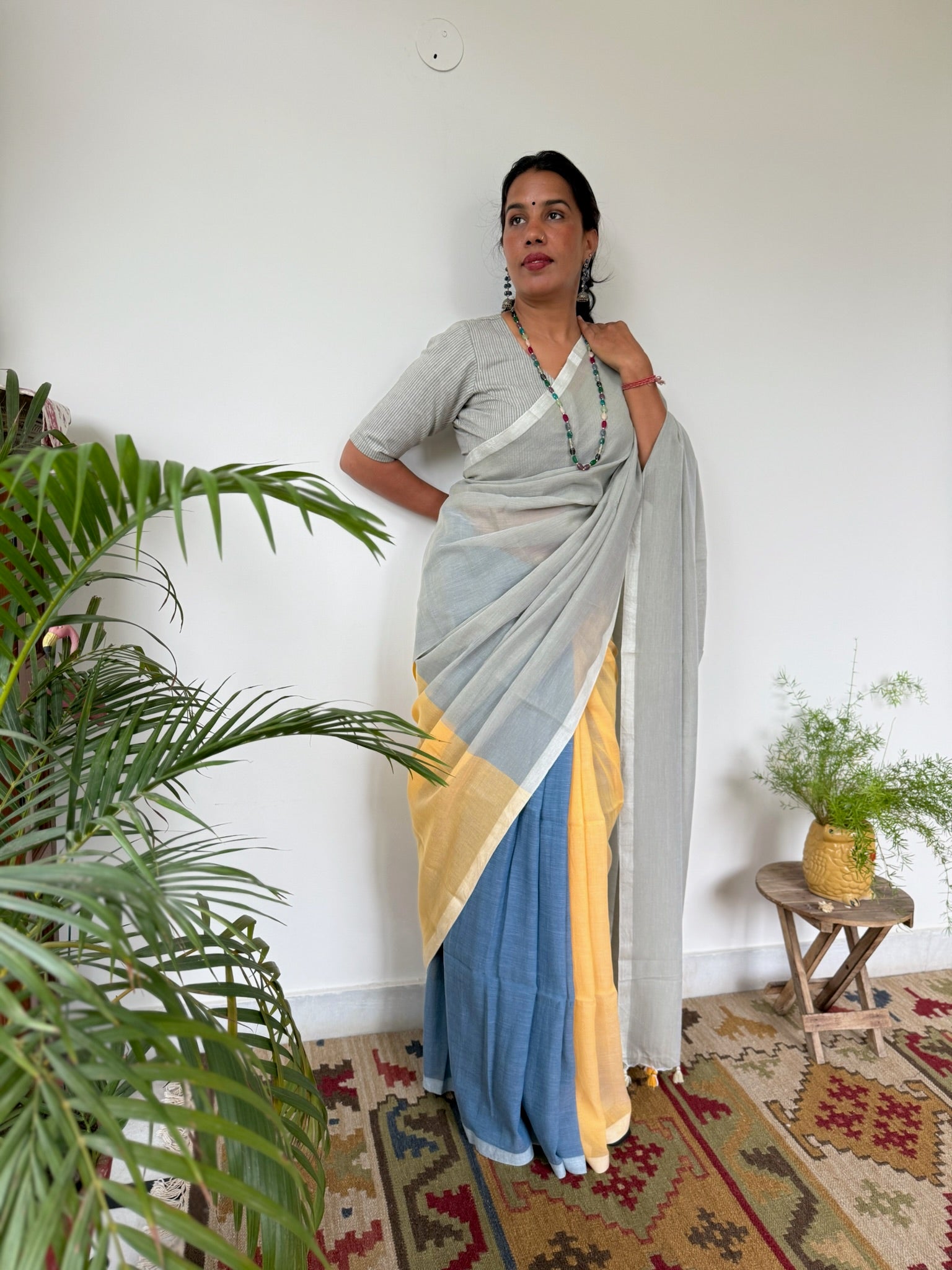 Tricolor Pure Mul Cotton Saree