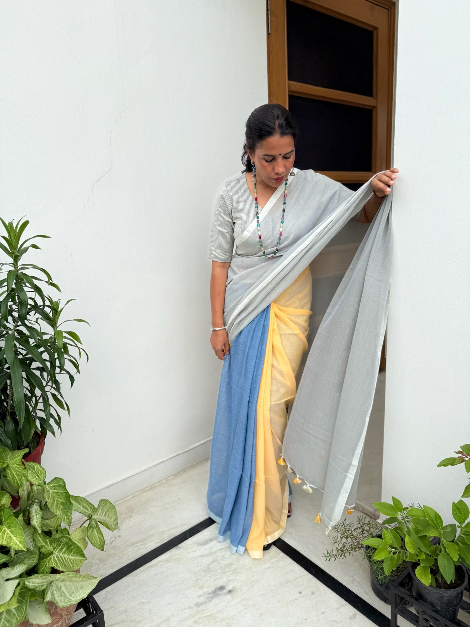 Tricolor Pure Mul Cotton Saree