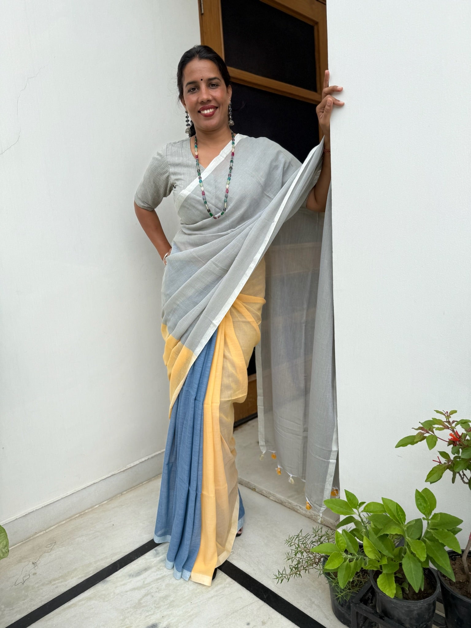 Tricolor Pure Mul Cotton Saree