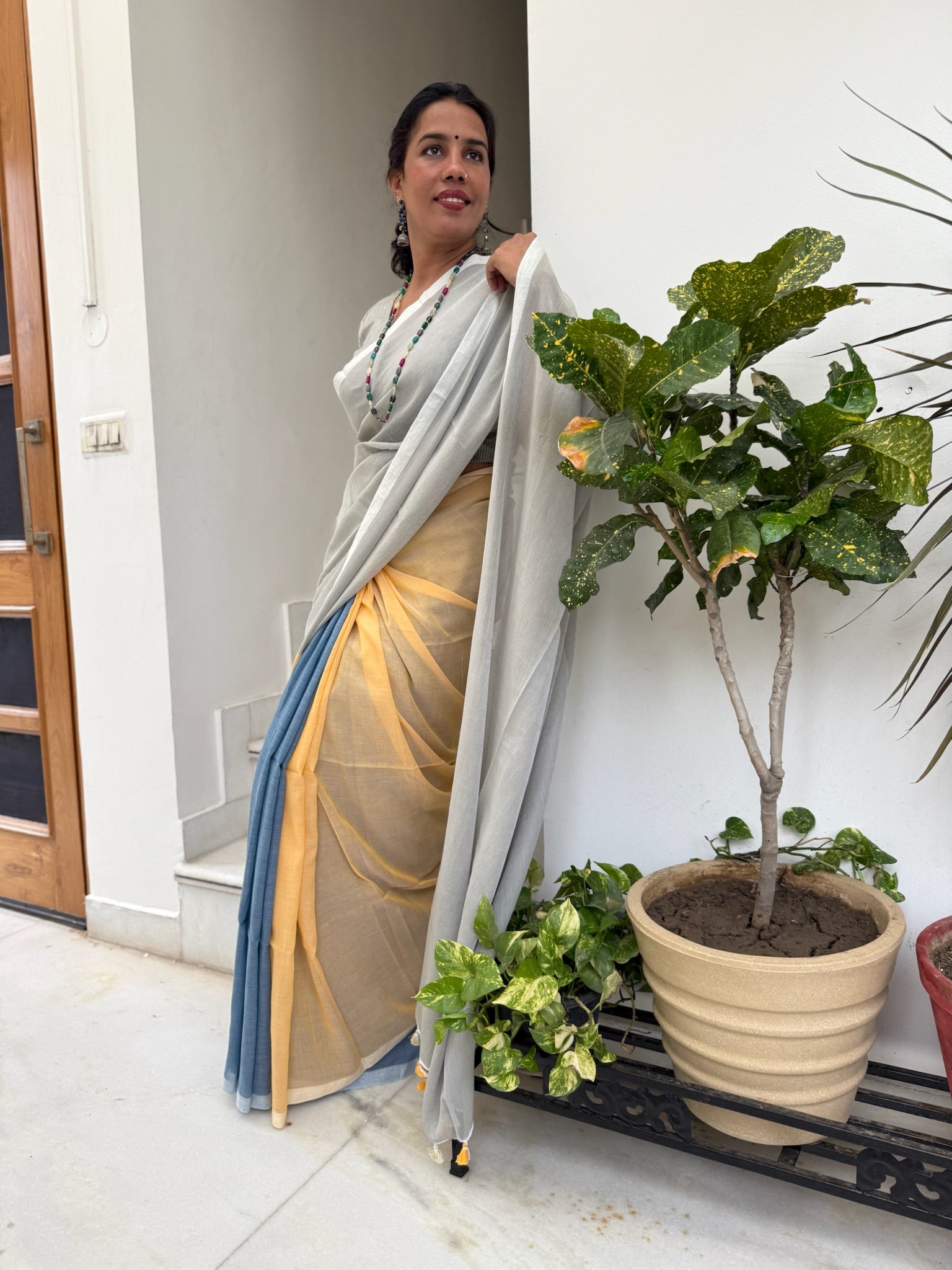 Tricolor Pure Mul Cotton Saree