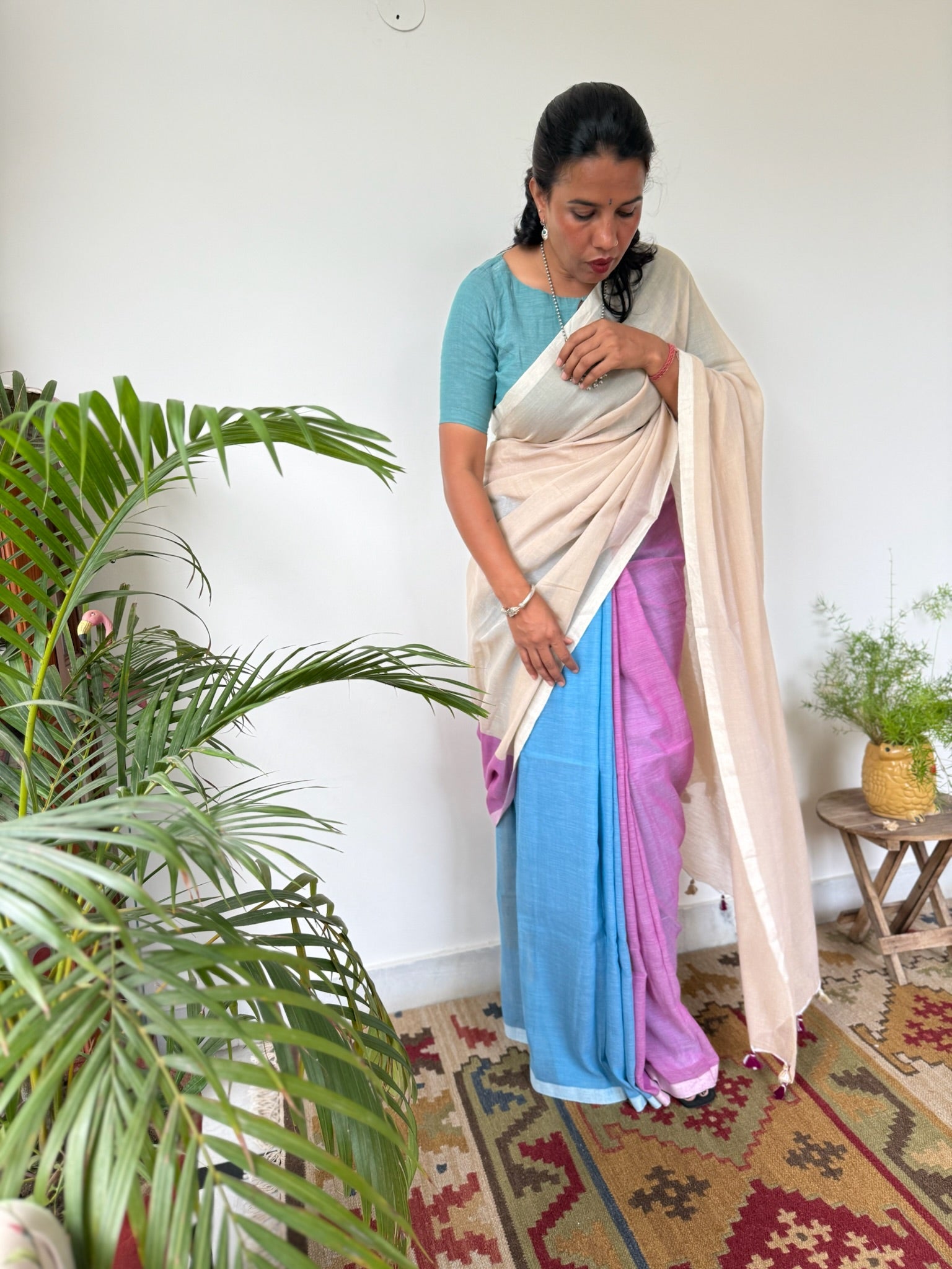 Tricolor Pure Mul Cotton Saree