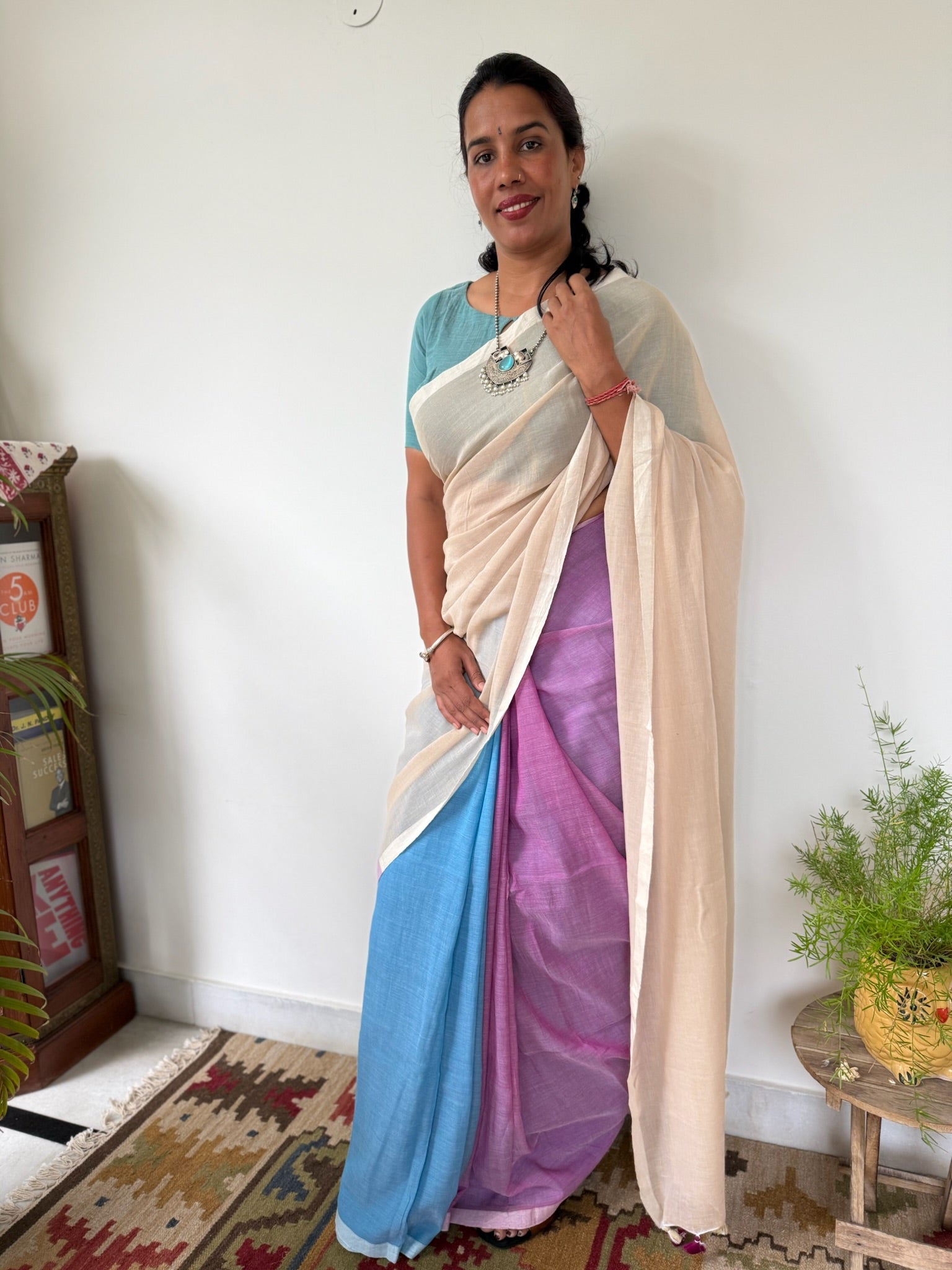 Tricolor Pure Mul Cotton Saree
