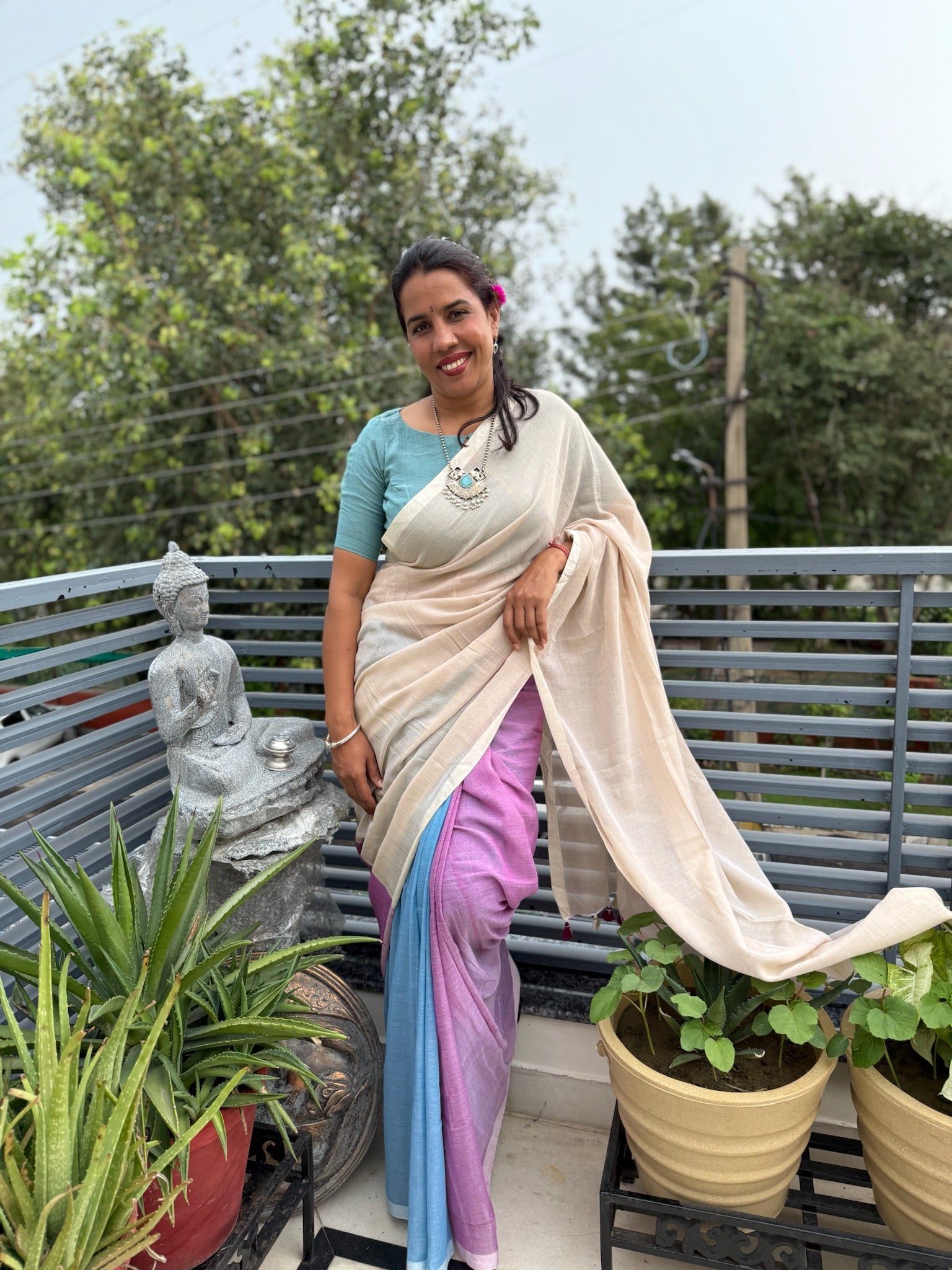 Tricolor Pure Mul Cotton Saree