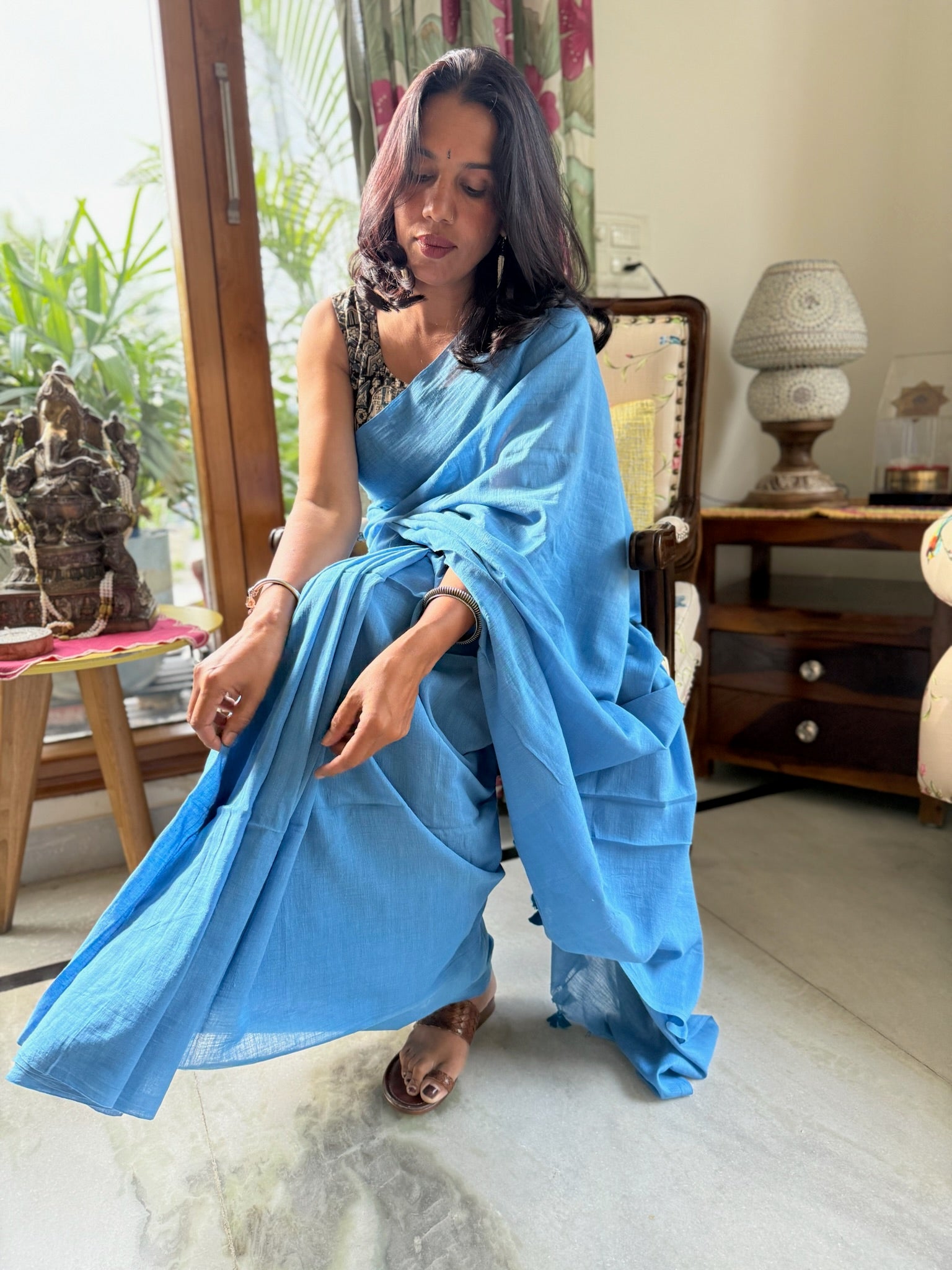 Blue Pure Mul Cotton Saree