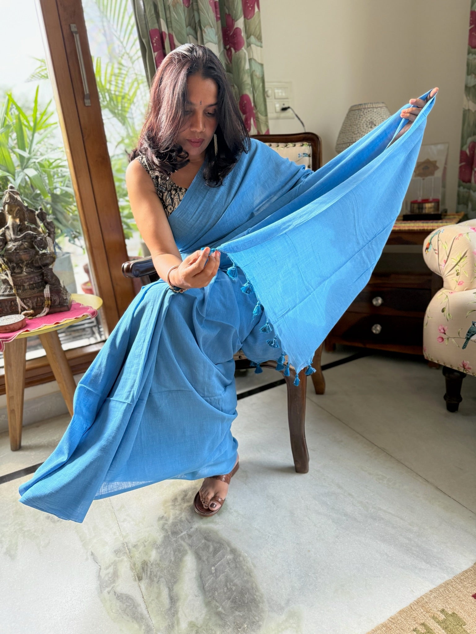 Blue Pure Mul Cotton Saree