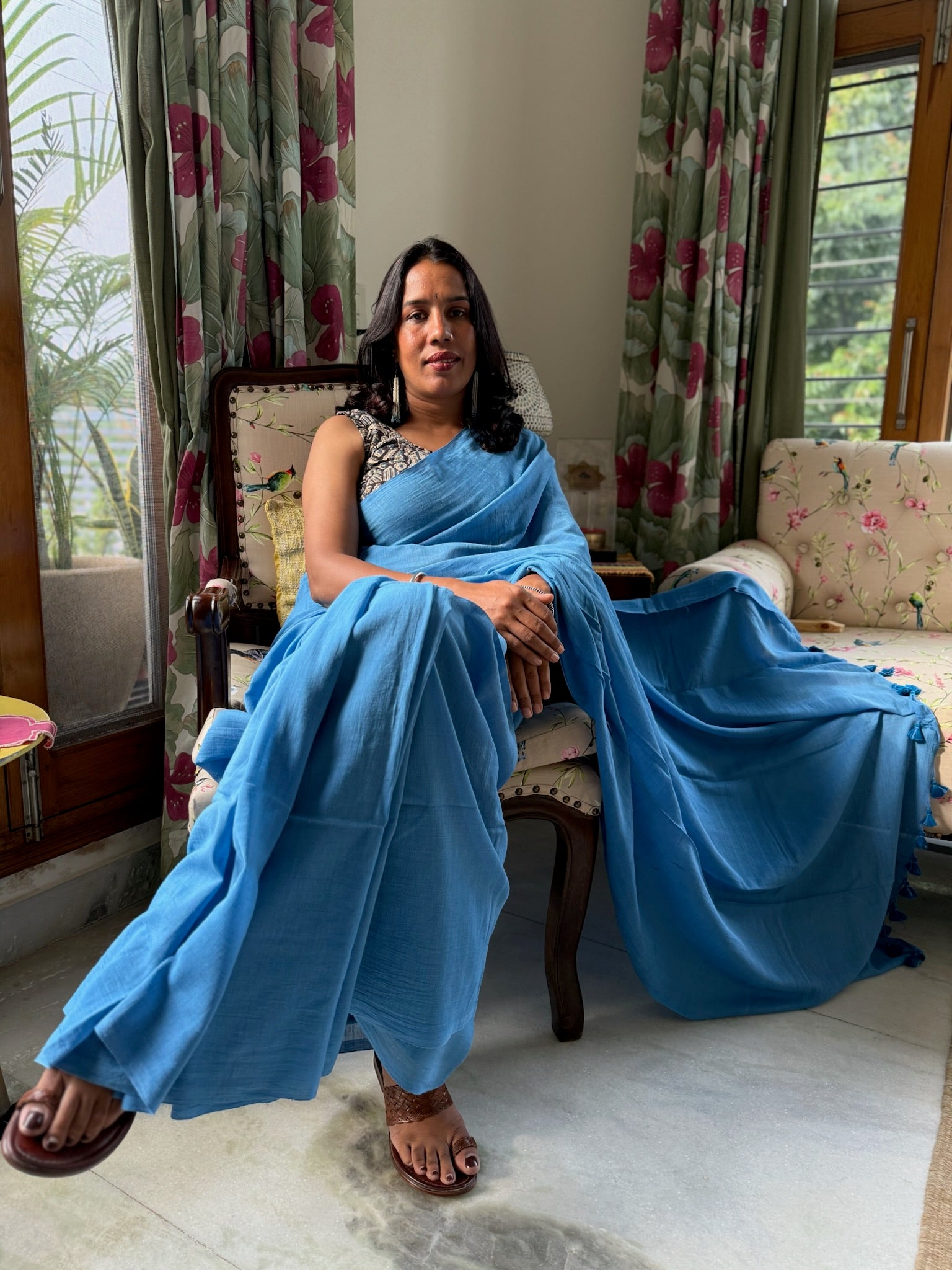 Blue Pure Mul Cotton Saree