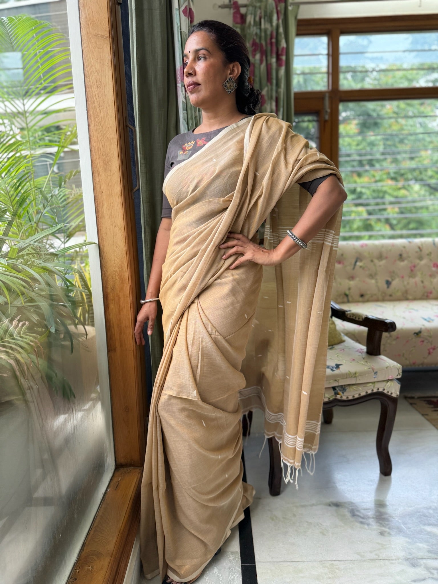 Warm Sand Beige Base Pure Cotton Jamdani Saree