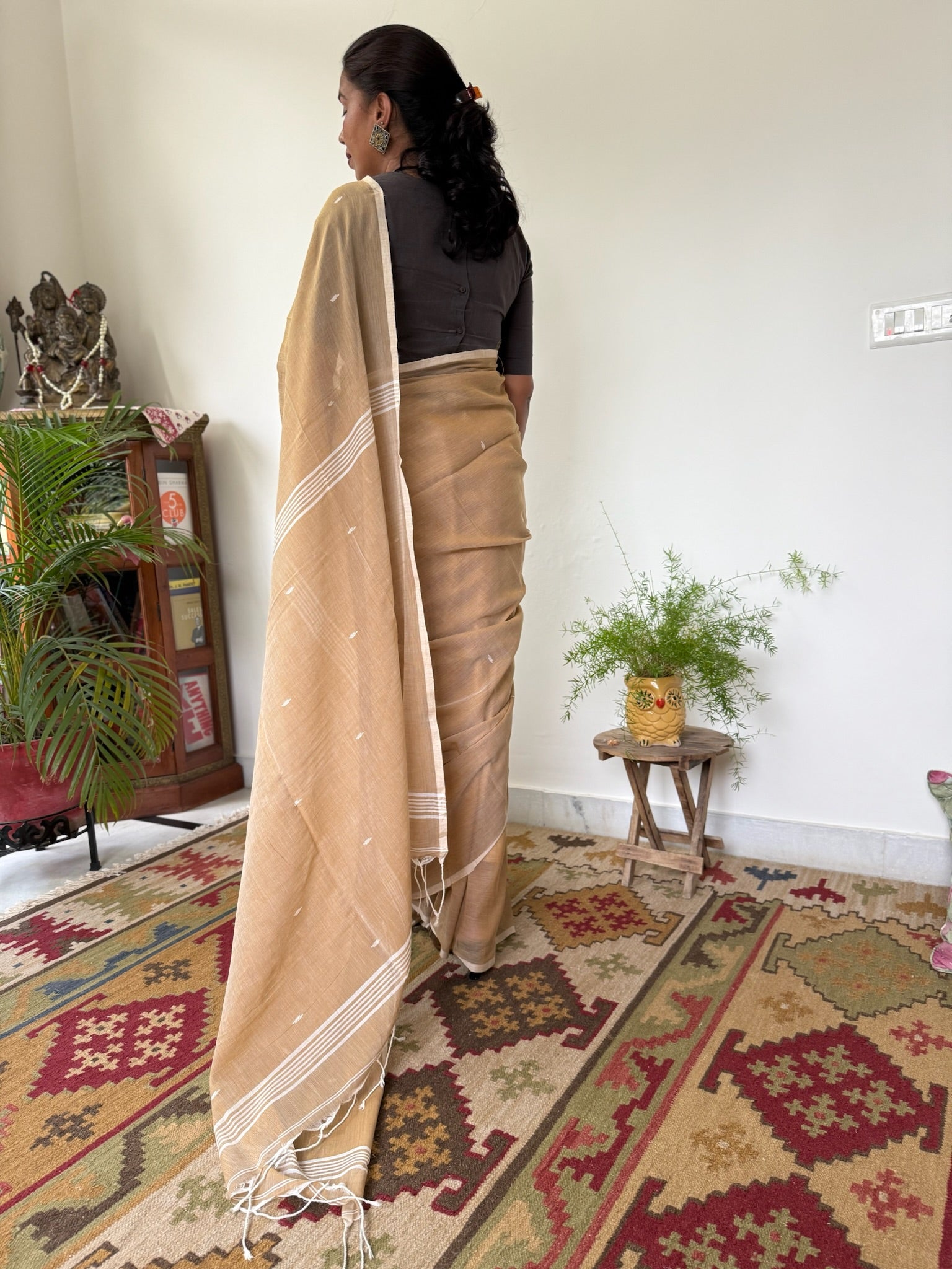 Warm Sand Beige Base Pure Cotton Jamdani Saree