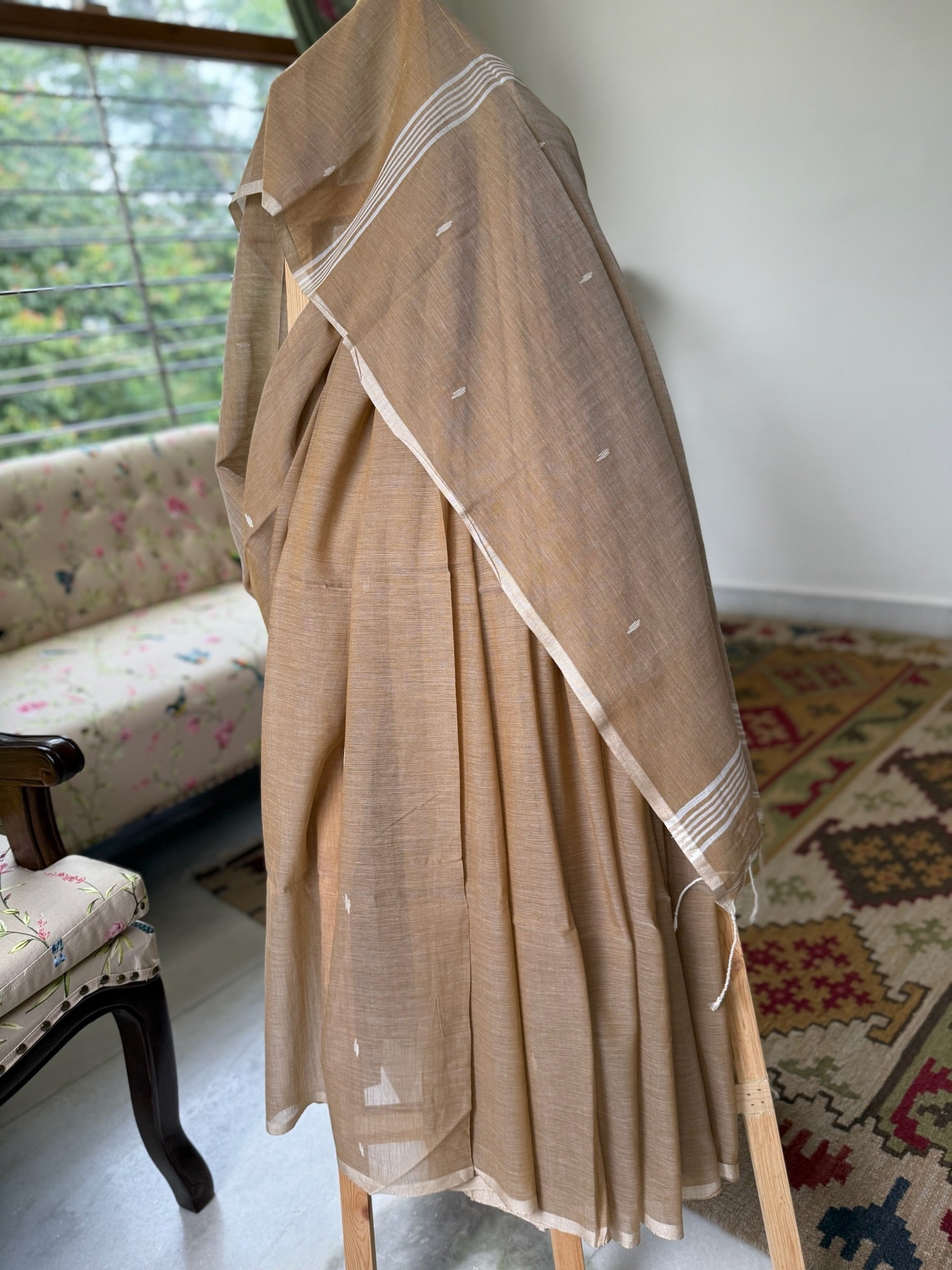 Warm Sand Beige Base Pure Cotton Jamdani Saree