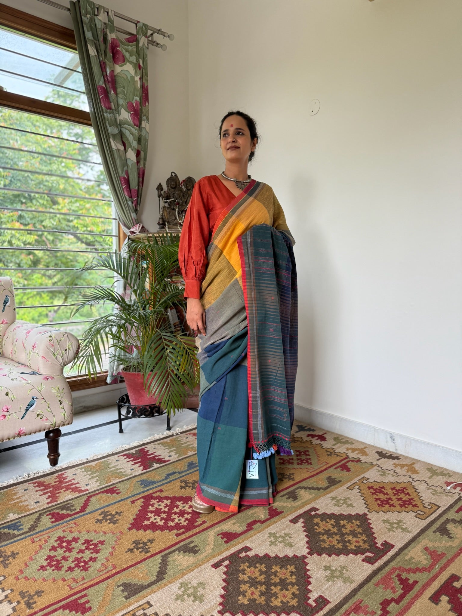 Traditional Multicolor Bhujodi Saree with Earthy Tones