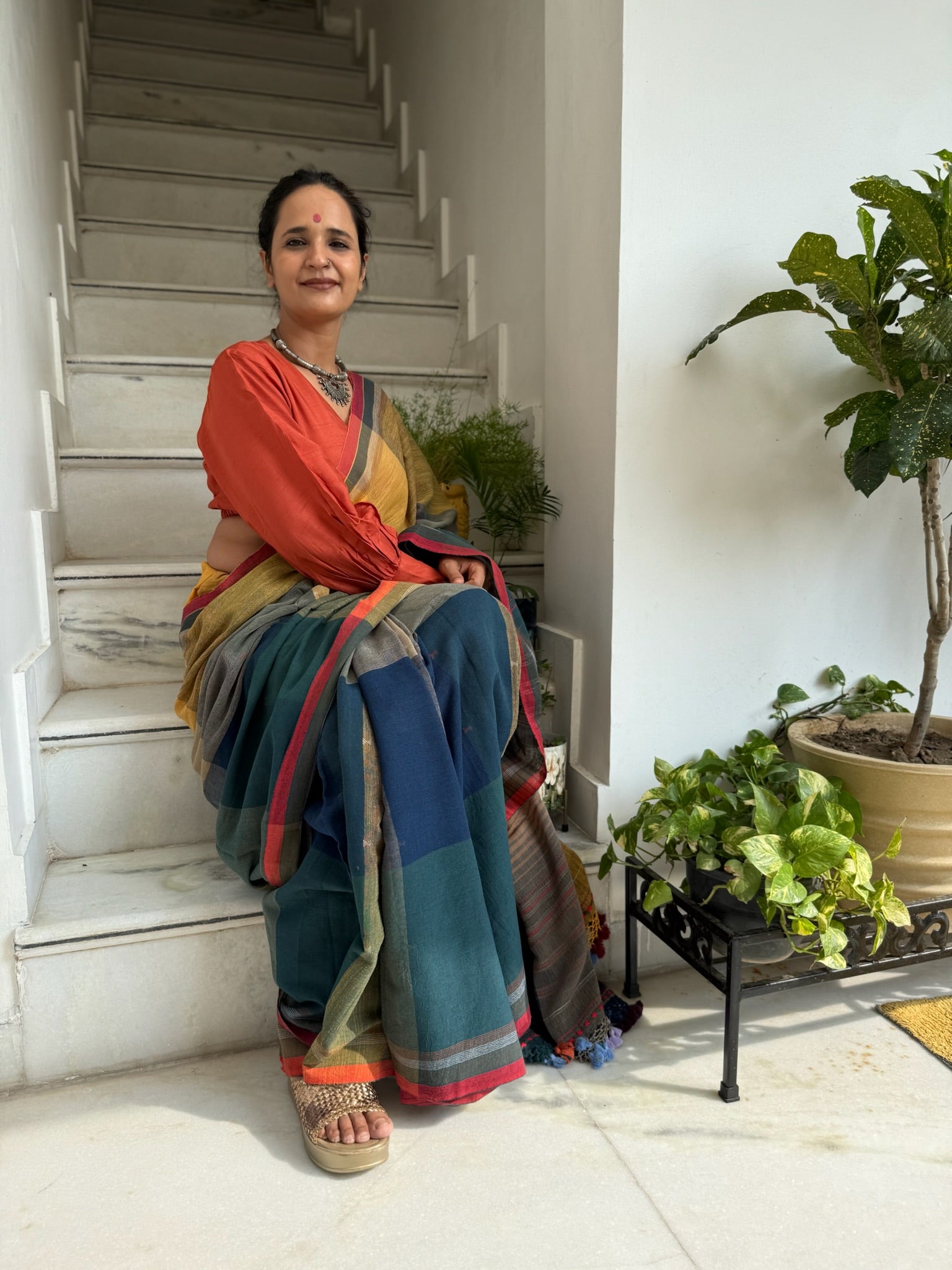 Traditional Multicolor Bhujodi Saree with Earthy Tones