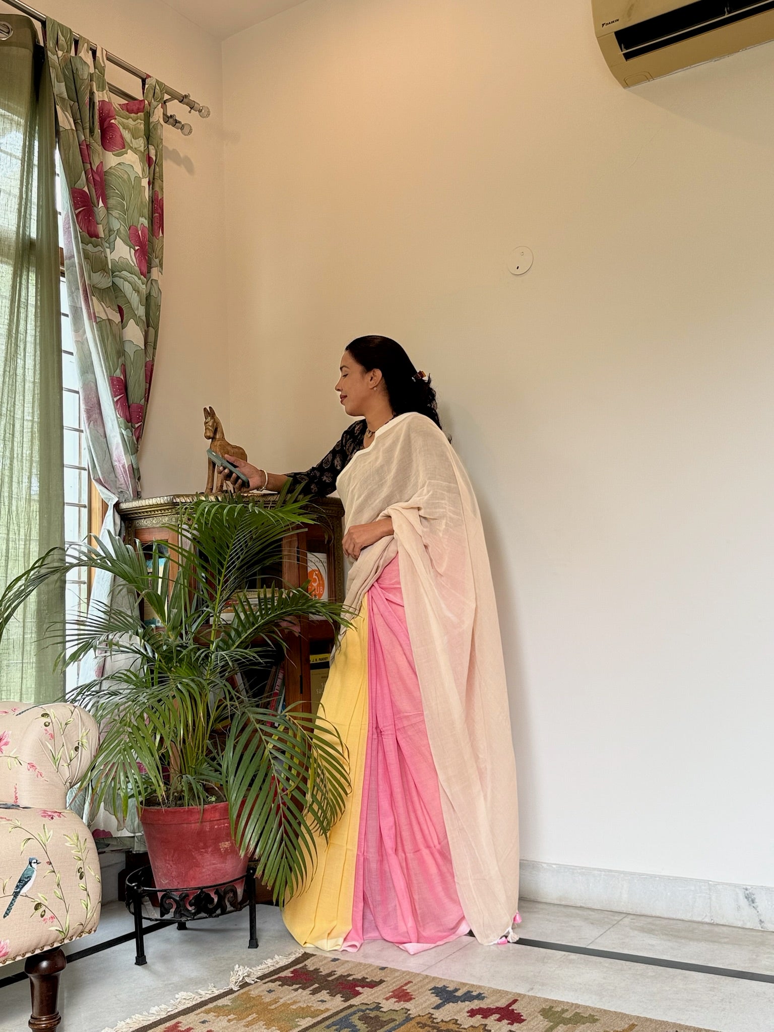 Tricolor Mul Cotton Saree
