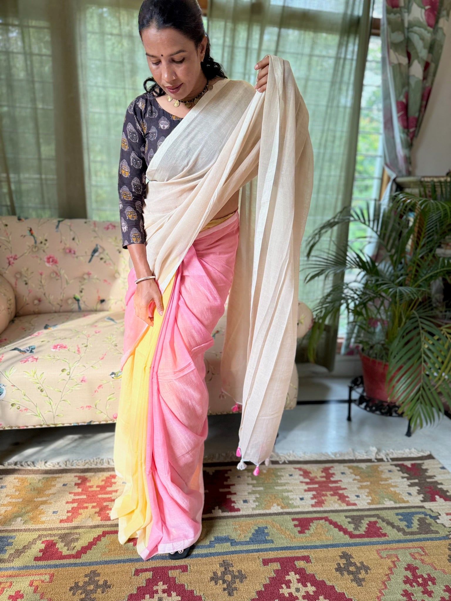 Tricolor Mul Cotton Saree