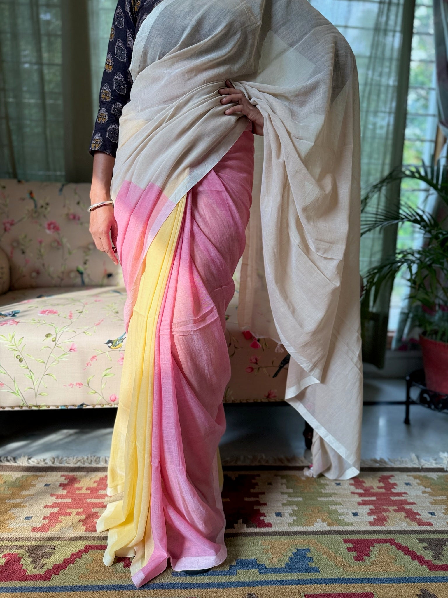Tricolor Mul Cotton Saree