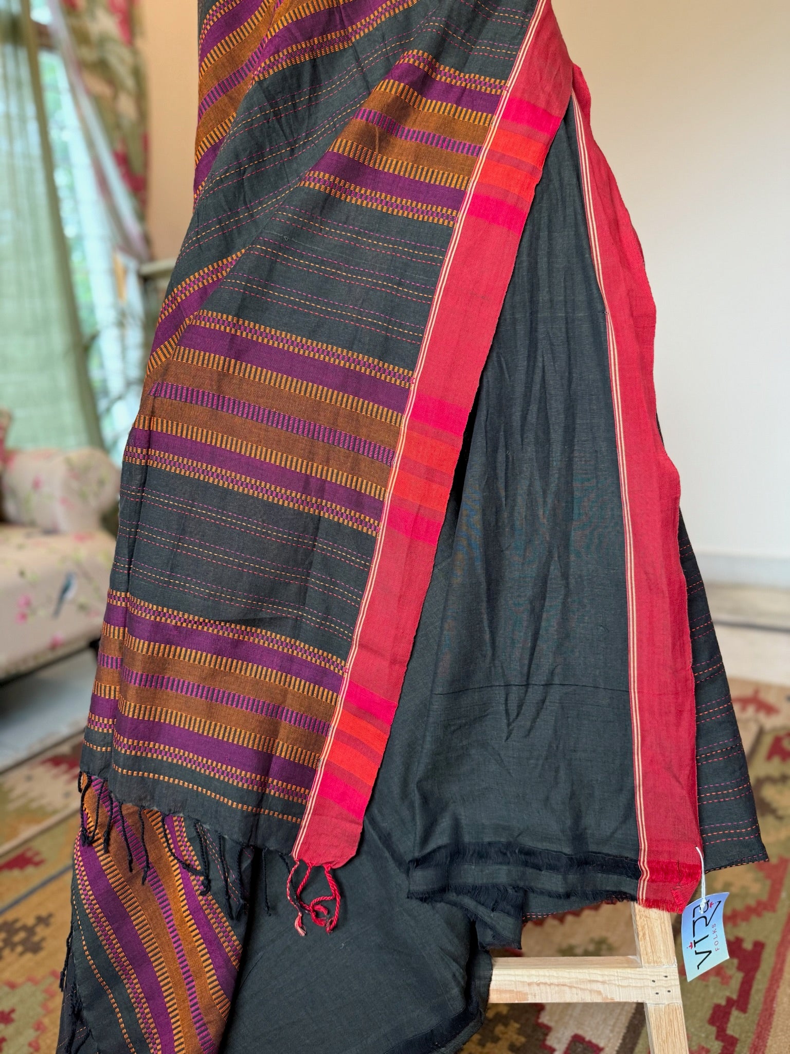 Elegant Charcoal Black With Thin White Pinstripes Cotton Saree With Red Border And Woven Pallu