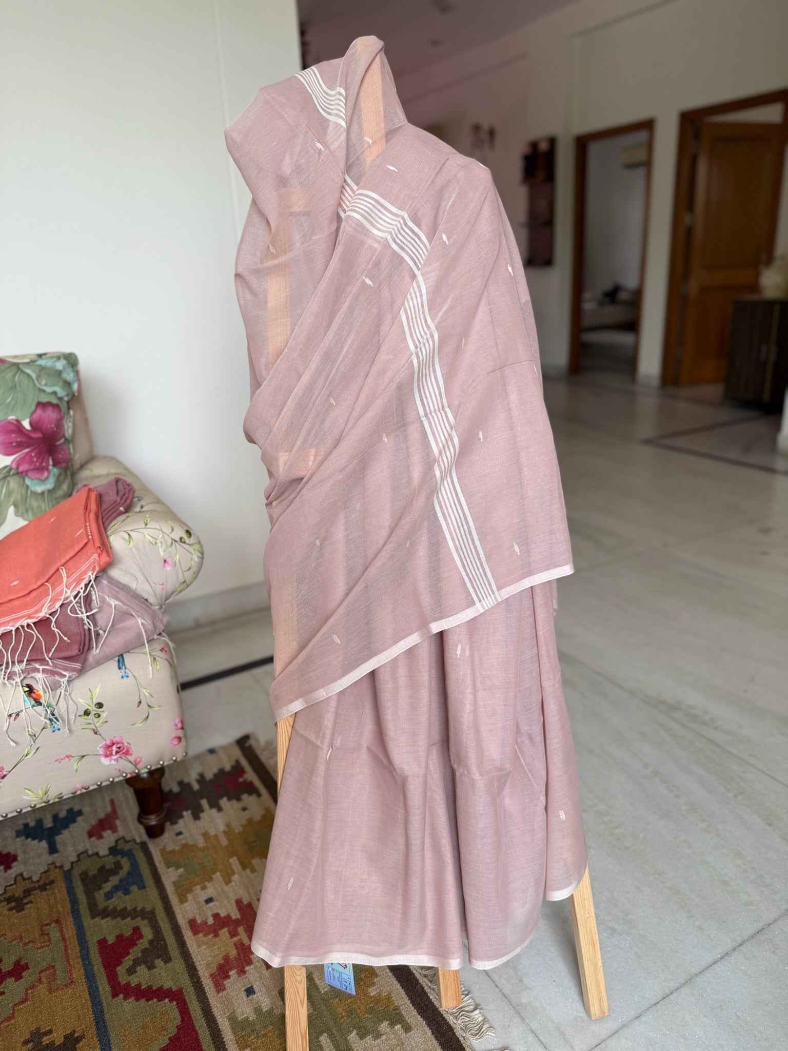 Muted Mauve Pink Base Pure Cotton Jamdani Saree