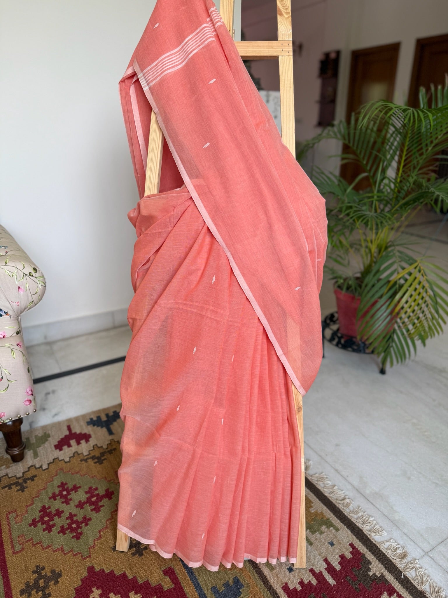 Sunset Coral With Whispered Ivory Pure Cotton Jamdani Saree