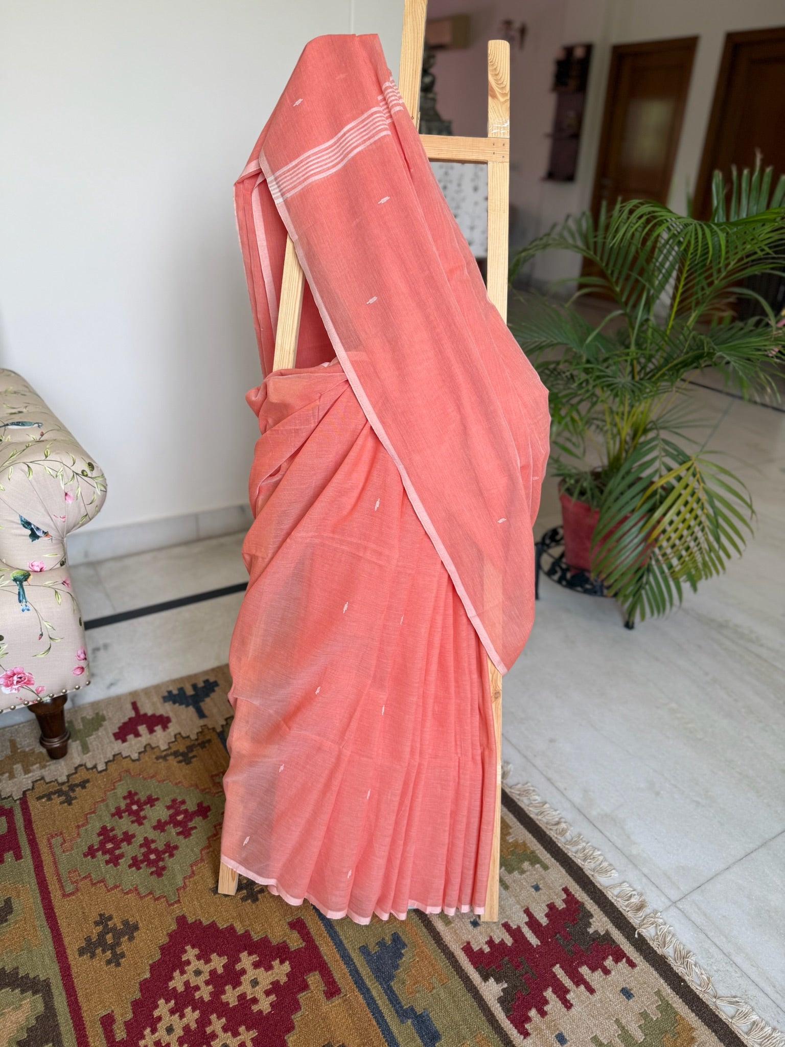 Sunset Coral With Whispered Ivory Pure Cotton Jamdani Saree