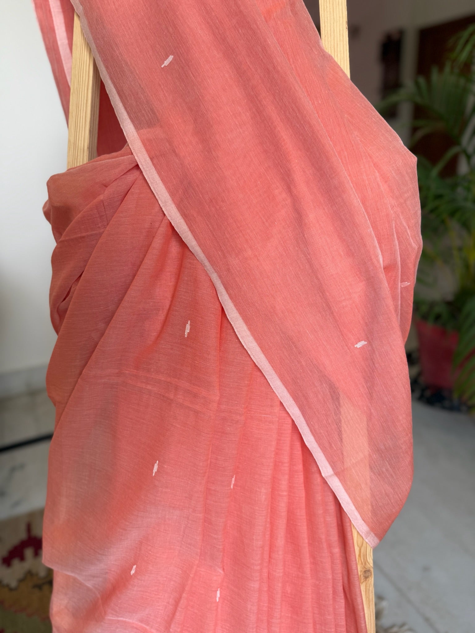 Sunset Coral With Whispered Ivory Pure Cotton Jamdani Saree