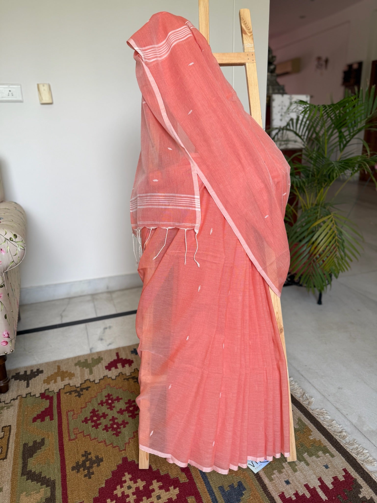 Sunset Coral With Whispered Ivory Pure Cotton Jamdani Saree