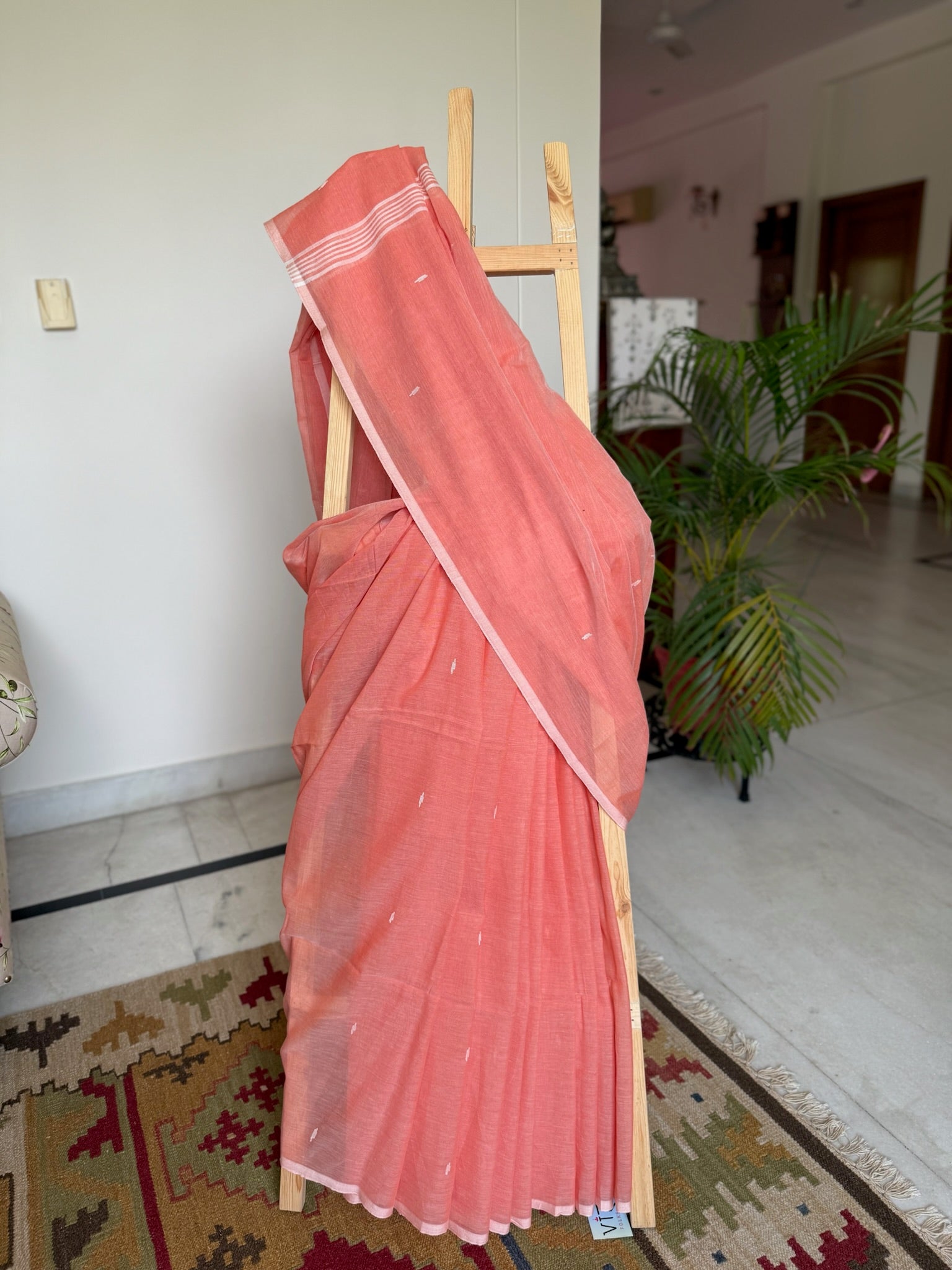 Sunset Coral With Whispered Ivory Pure Cotton Jamdani Saree