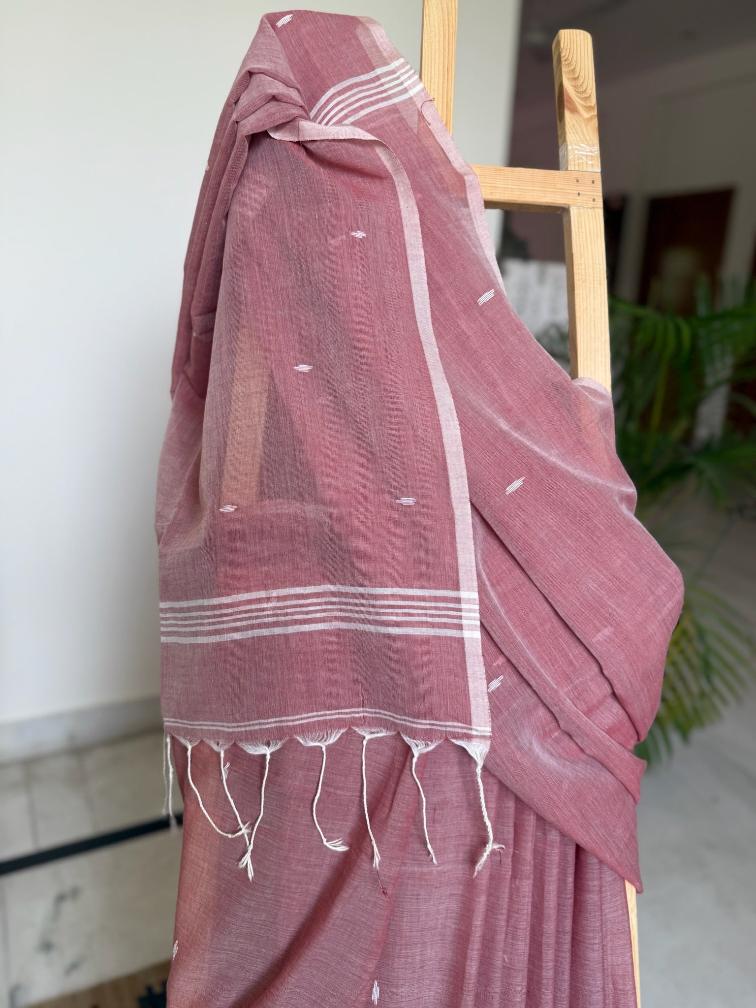 Muted Rosewood Maroon Base With A Soft Matte Texture Pure Cotton Jamdani Saree
