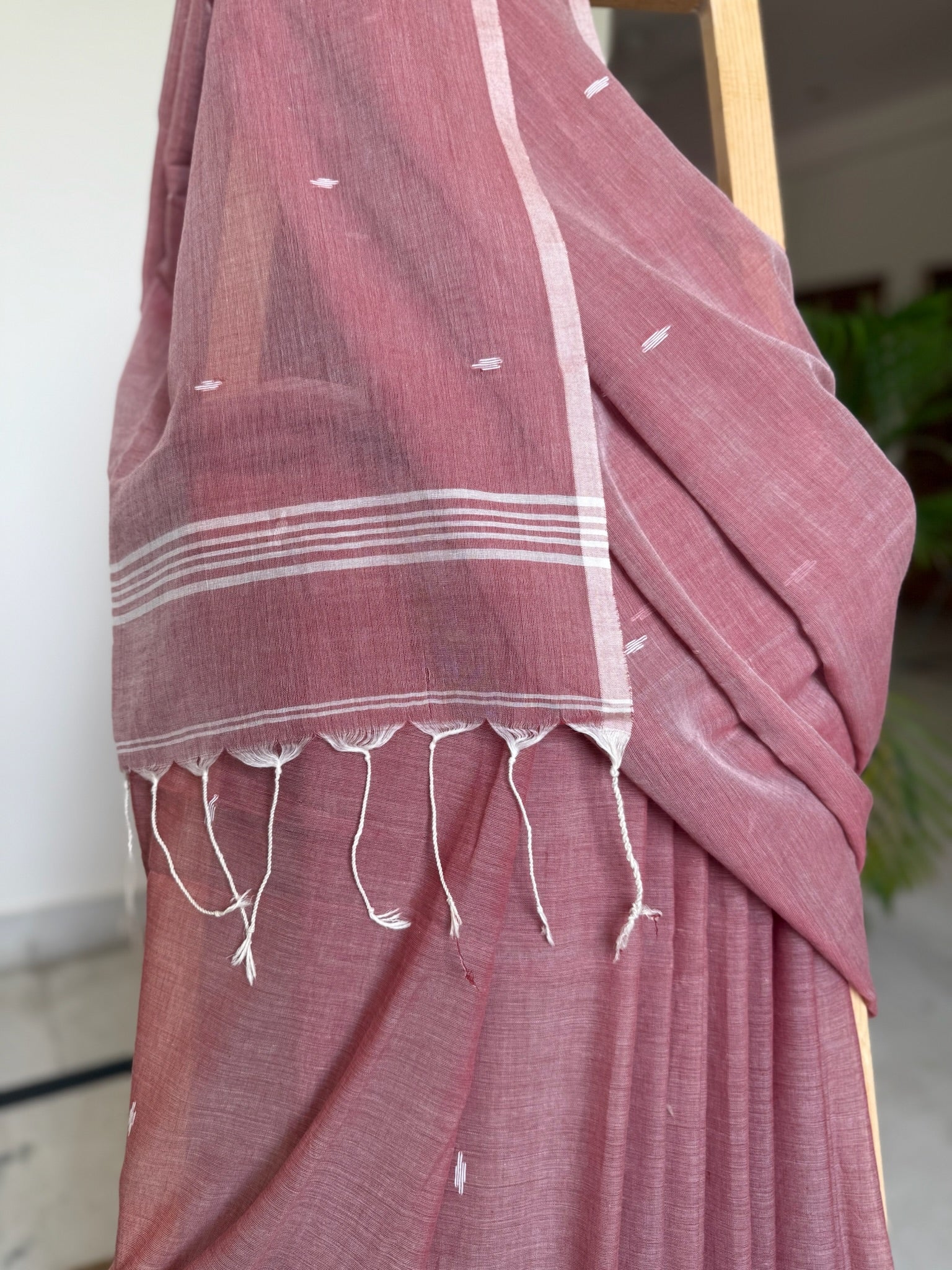 Muted Rosewood Maroon Base With A Soft Matte Texture Pure Cotton Jamdani Saree