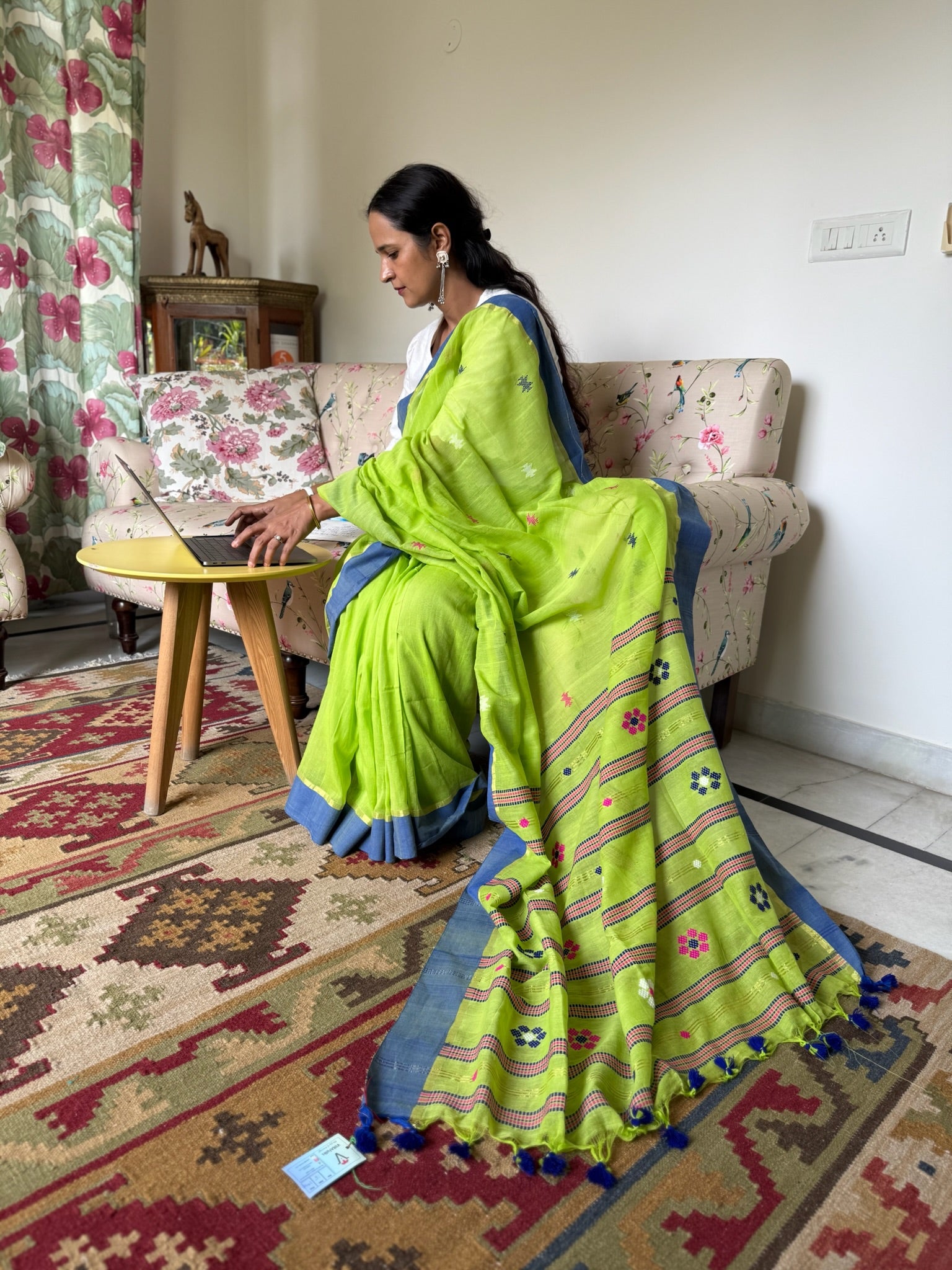 Bright Lime Green With A Sky Blue Border Linen Saree