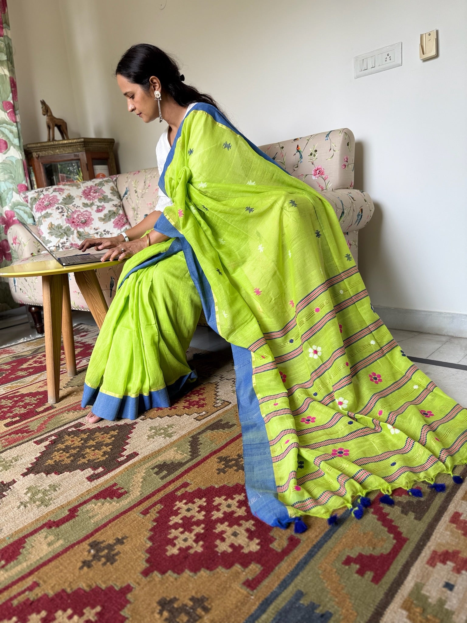 Bright Lime Green With A Sky Blue Border Linen Saree