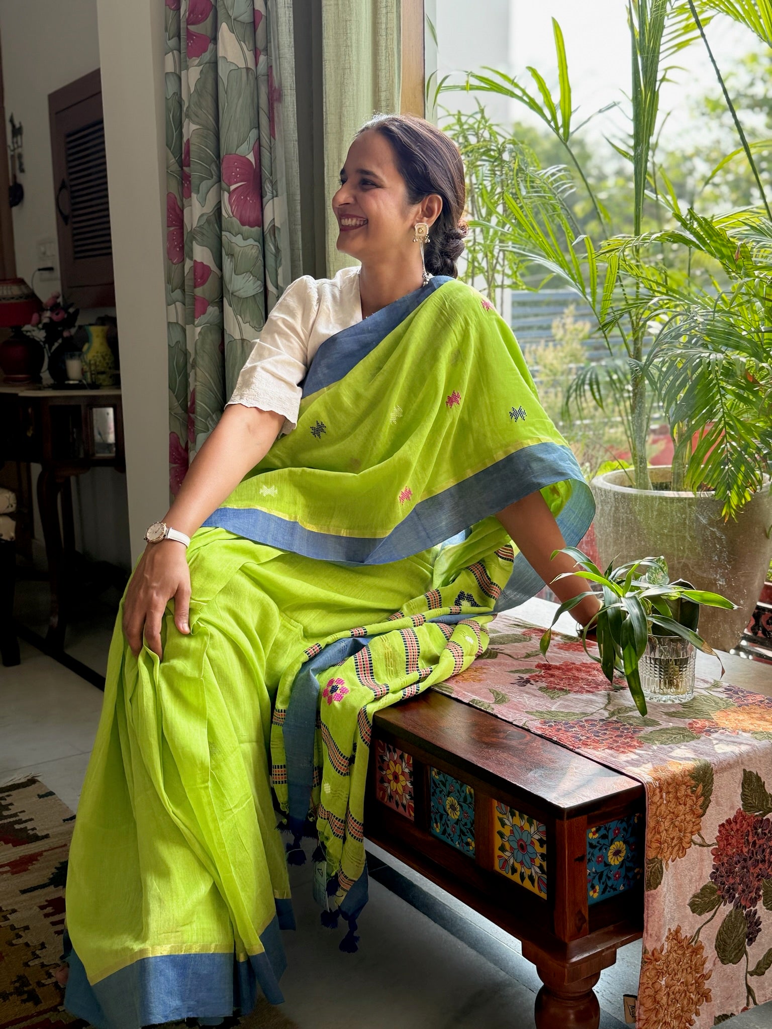 Bright Lime Green With A Sky Blue Border Linen Saree
