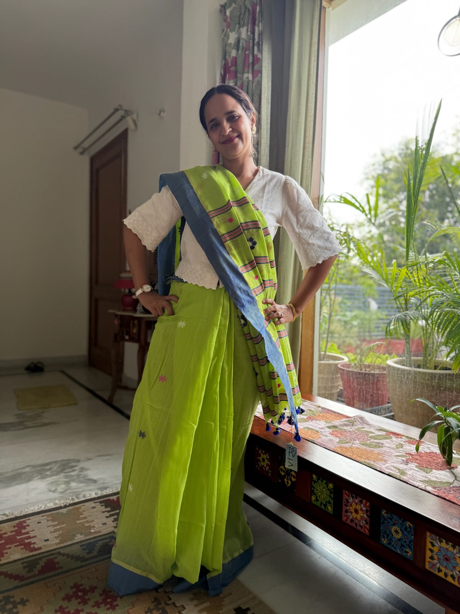 Bright Lime Green With A Sky Blue Border Linen Saree