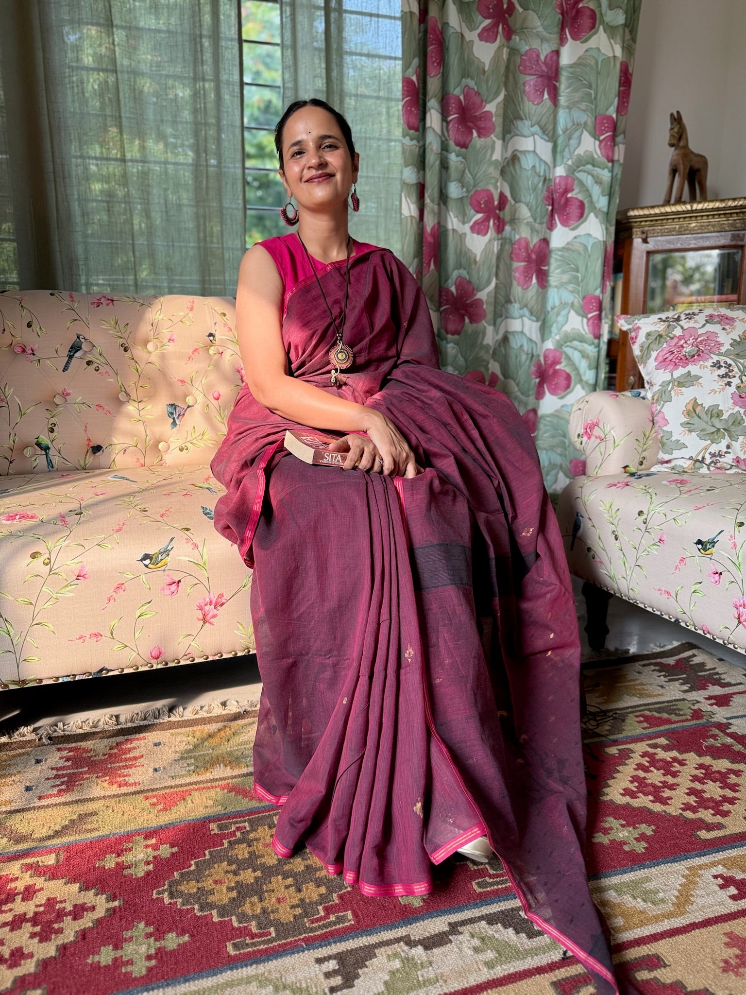 Plum Royale With Pink Edge Pure Cotton Jamdani Saree