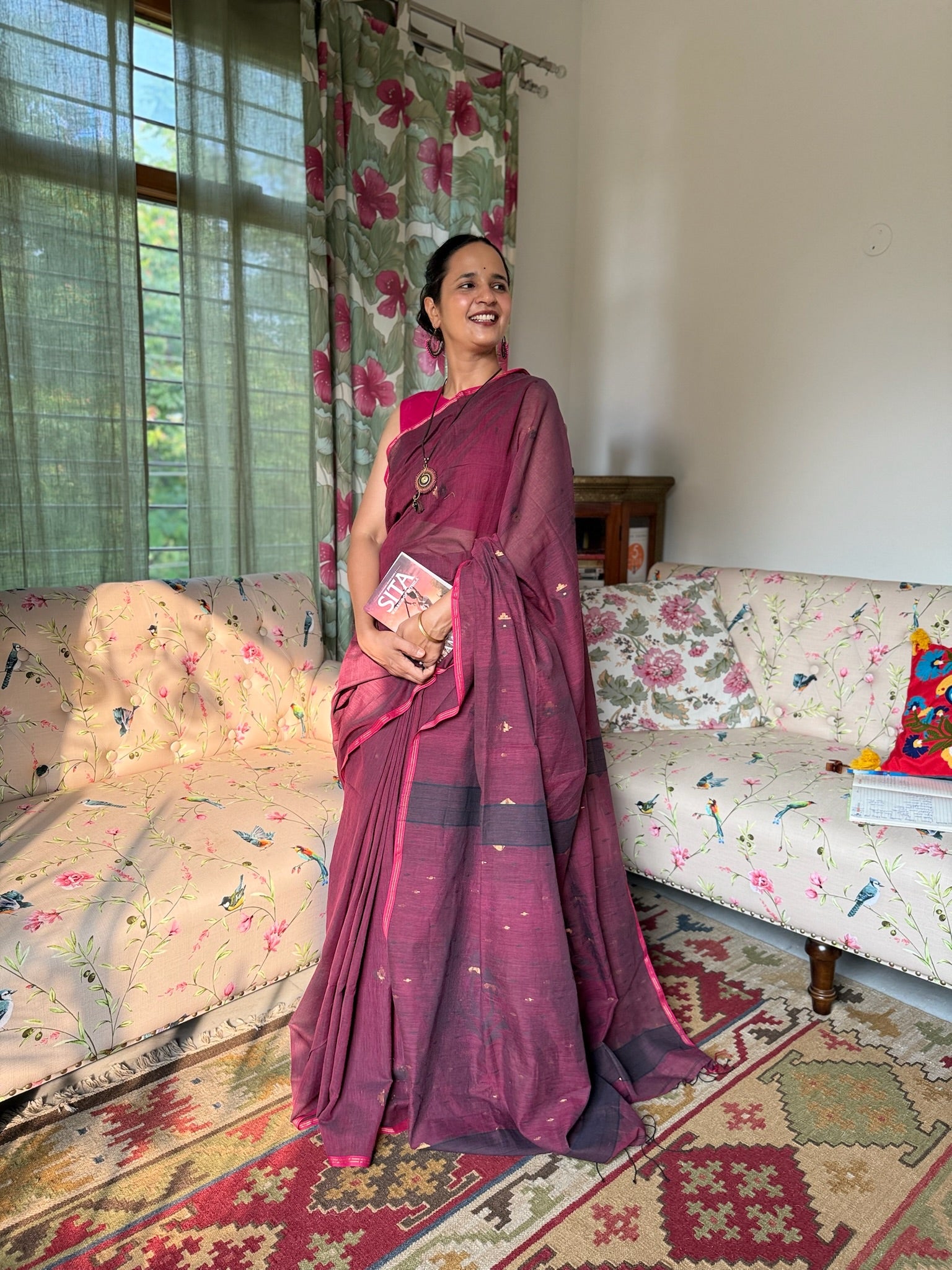 Plum Royale With Pink Edge Pure Cotton Jamdani Saree