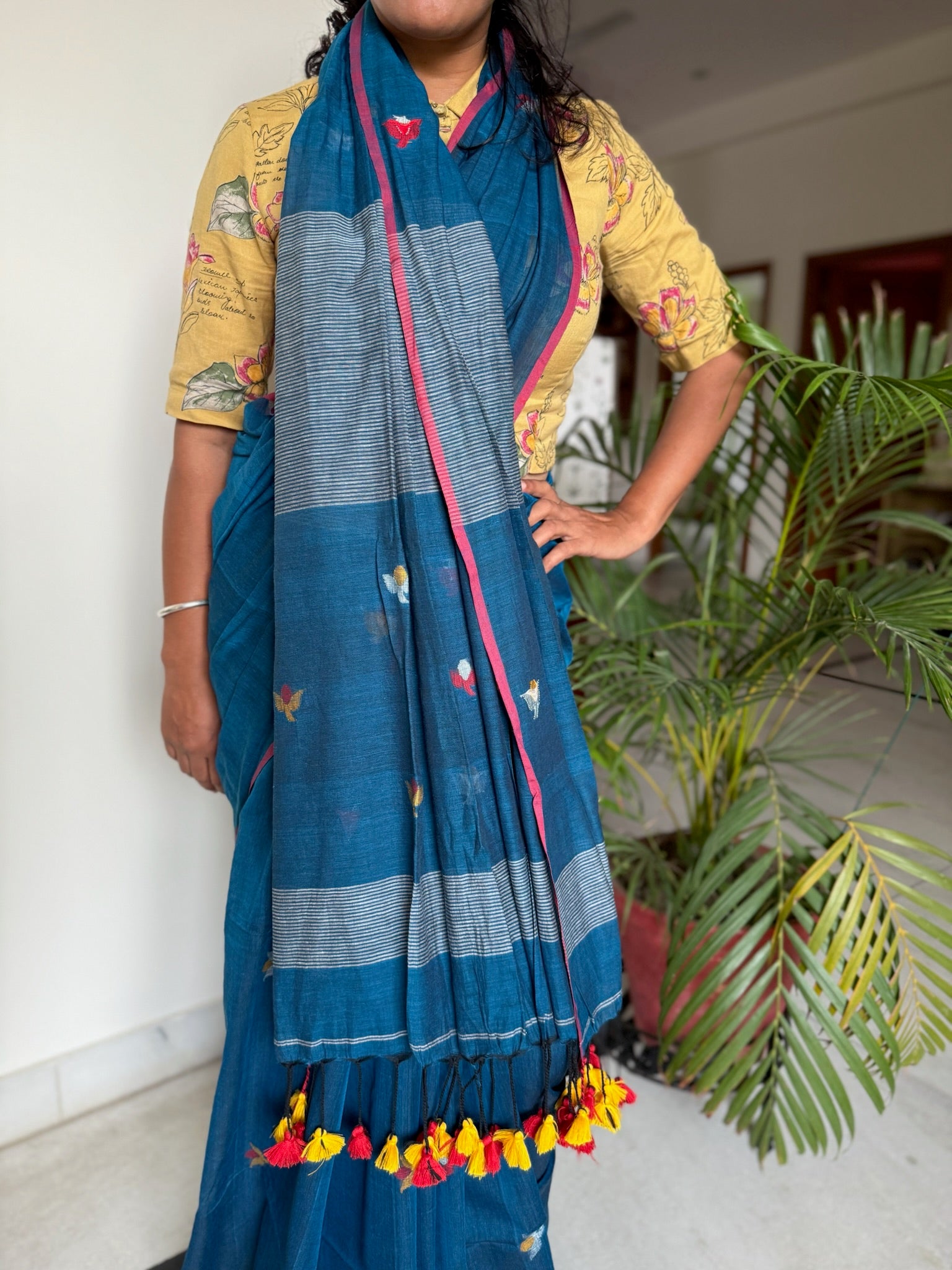 Classic Blue Cotton Saree With Woven Flower Motif All Over