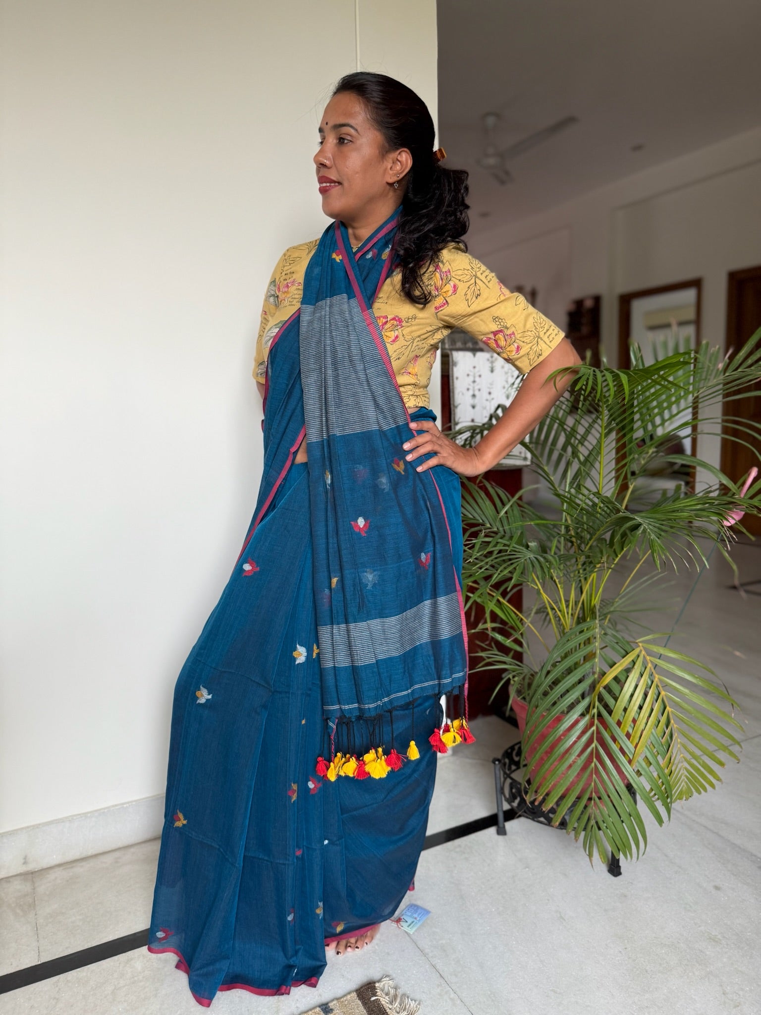 Classic Blue Cotton Saree With Woven Flower Motif All Over