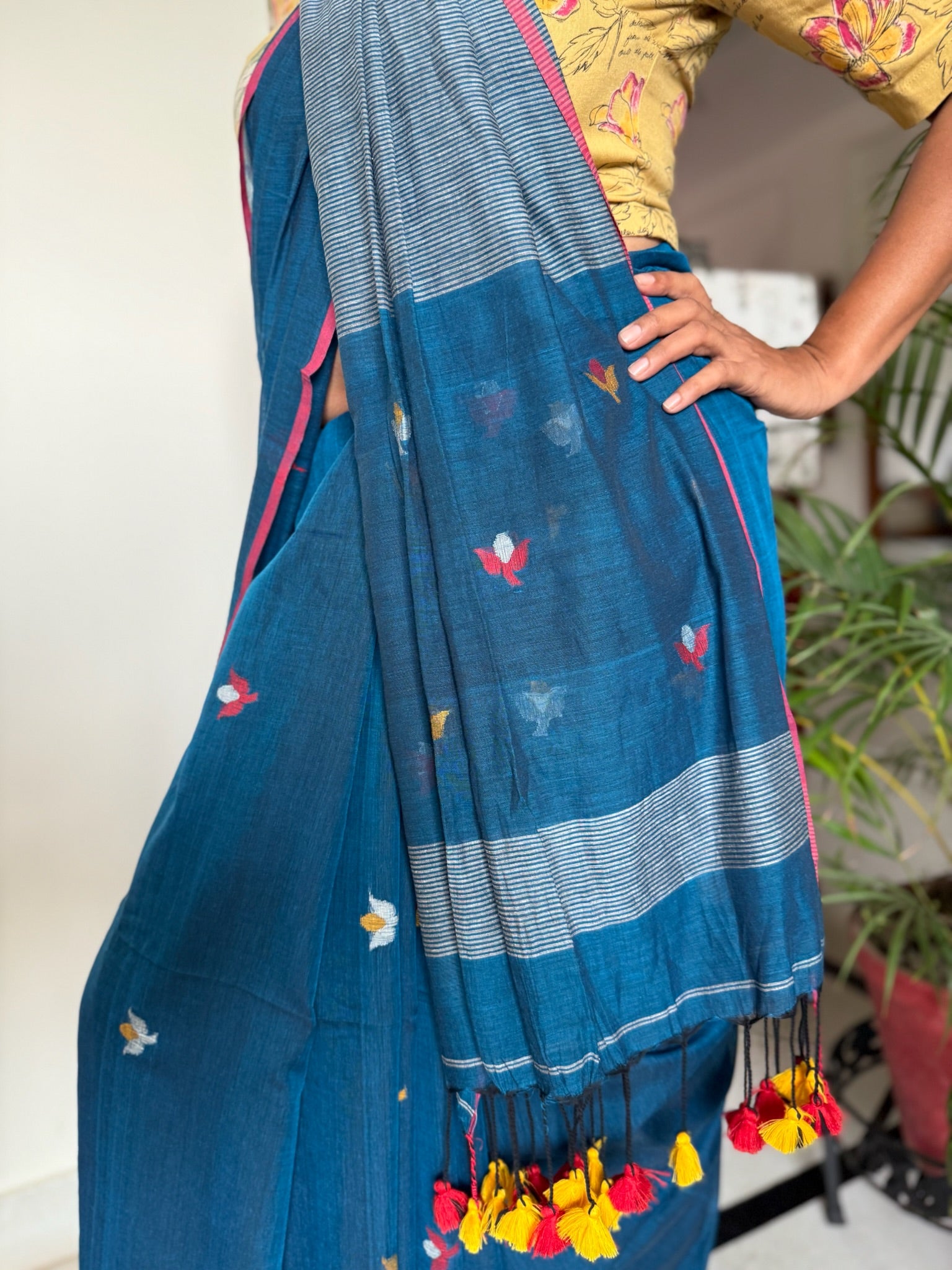 Classic Blue Cotton Saree With Woven Flower Motif All Over